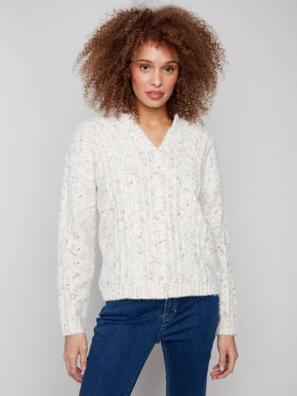 Notch Neck Cable Knit Sweater - Ecru sold by Charlie B