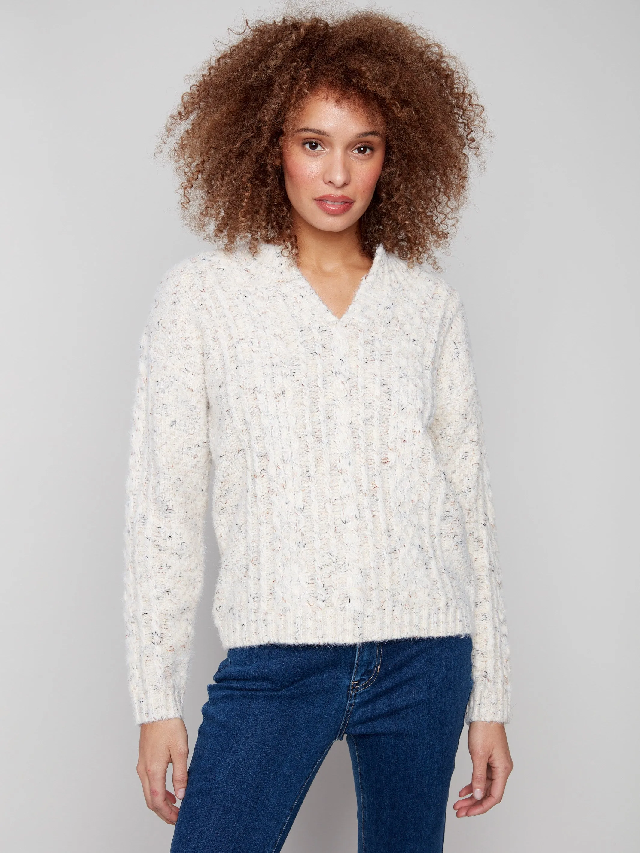 Notch Neck Cable Knit Sweater - Ecru sold by Charlie B
