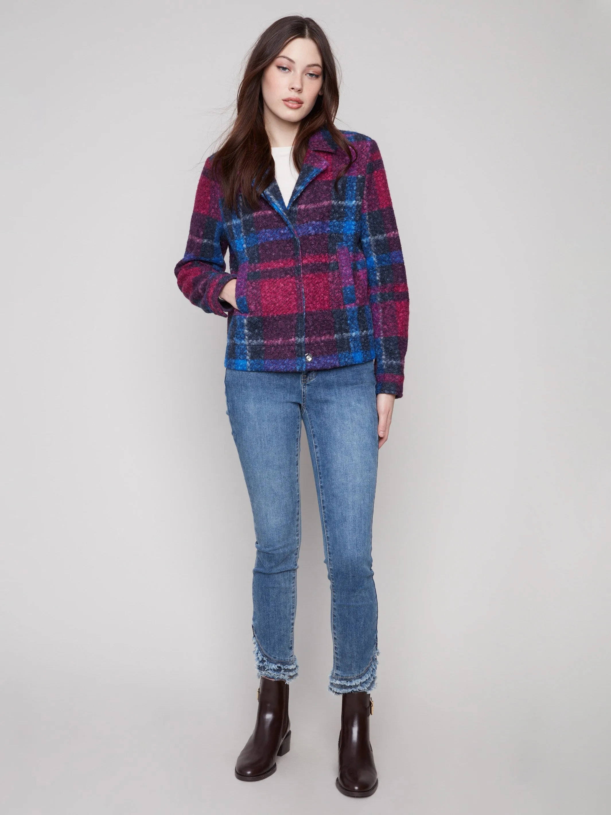 Plaid Bouclé Knit Short Coat - Navy sold by Charlie B product image thumbnail 2