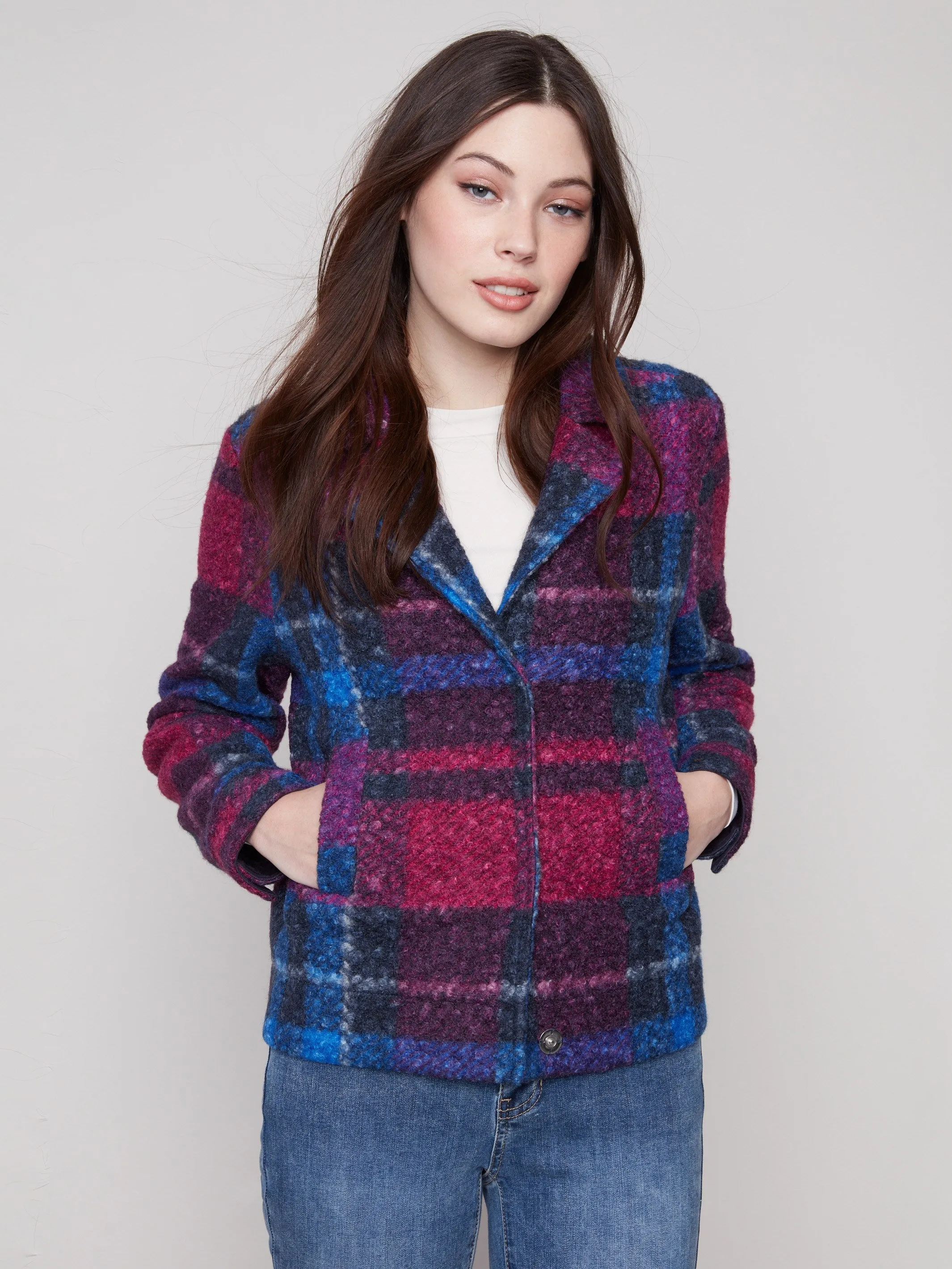 Plaid Bouclé Knit Short Coat - Navy sold by Charlie B product image thumbnail 3