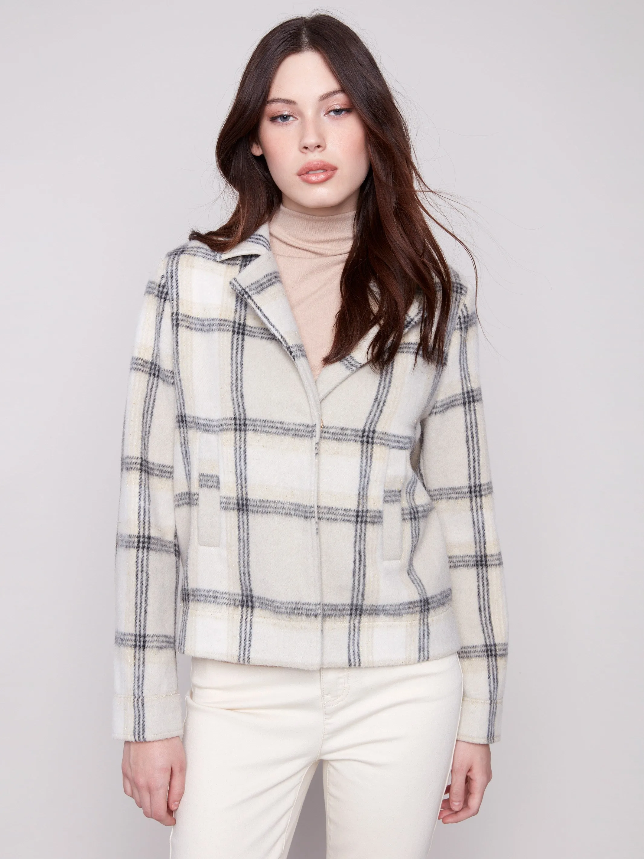 Plaid Lurex Knit Short Coat - Beige sold by Charlie B