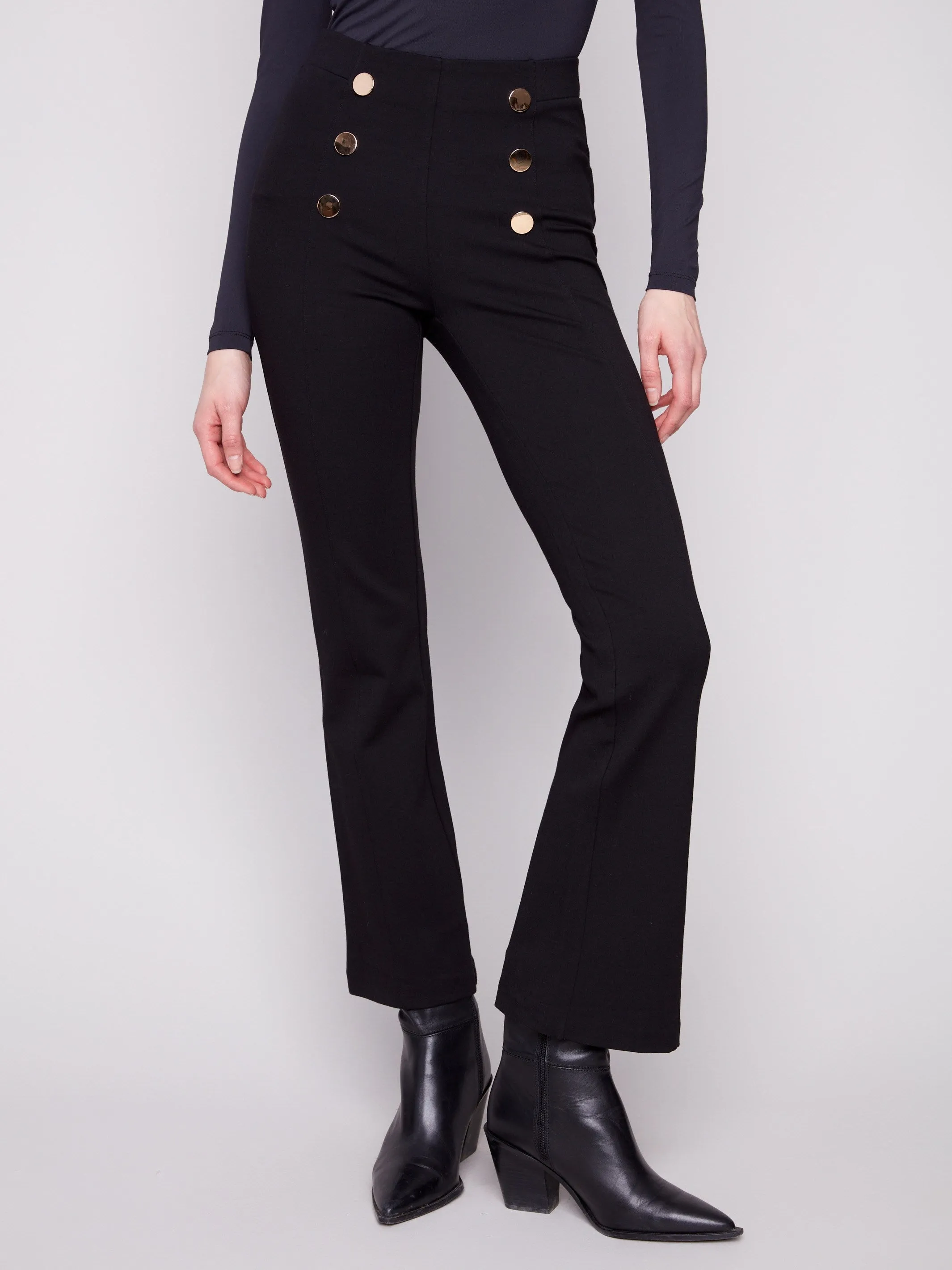 Flare Ponte Pull-On Pants With Front Buttons - Black sold by Charlie B product image thumbnail 2