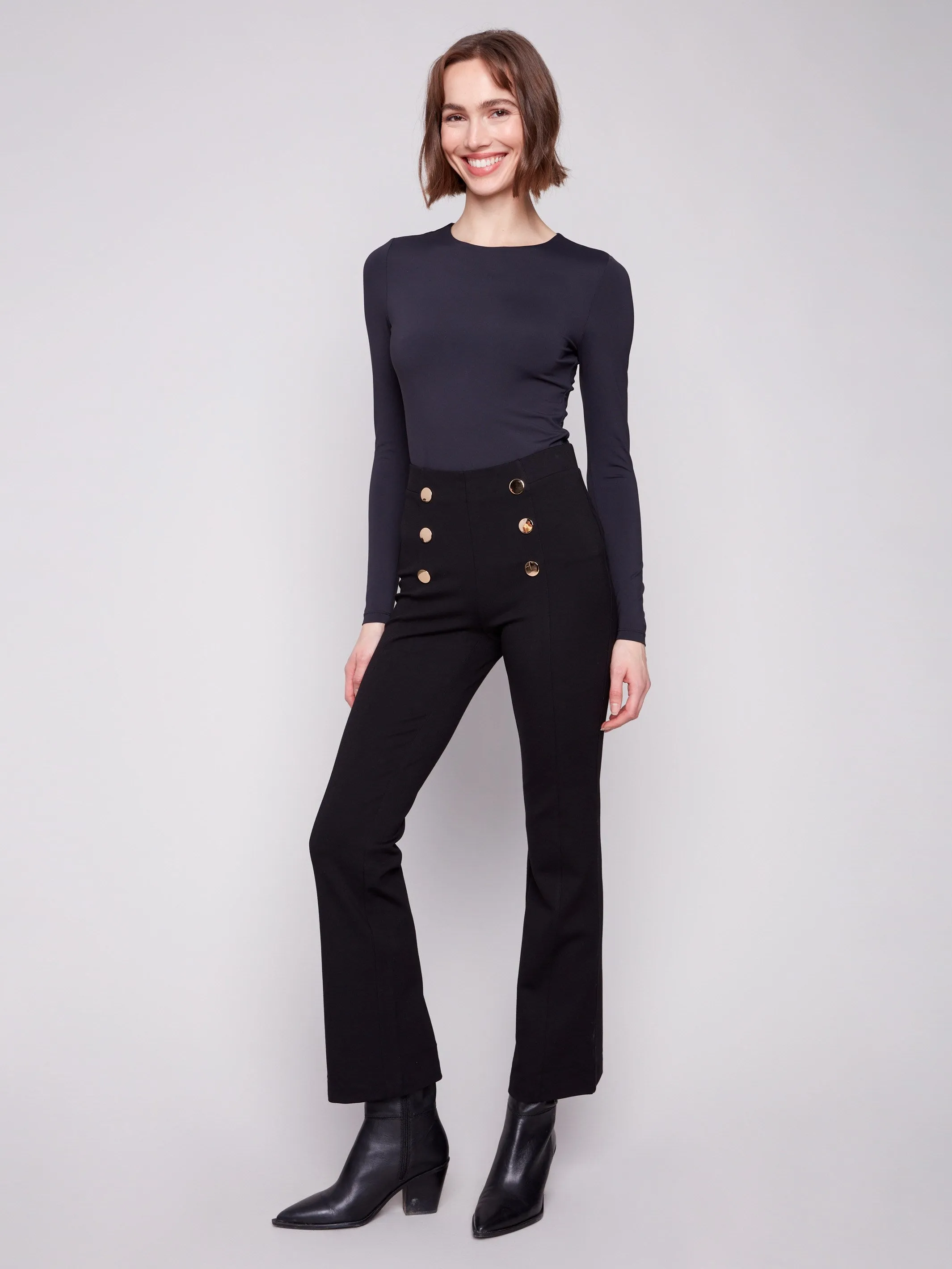 Flare Ponte Pull-On Pants With Front Buttons - Black sold by Charlie B product image thumbnail 4