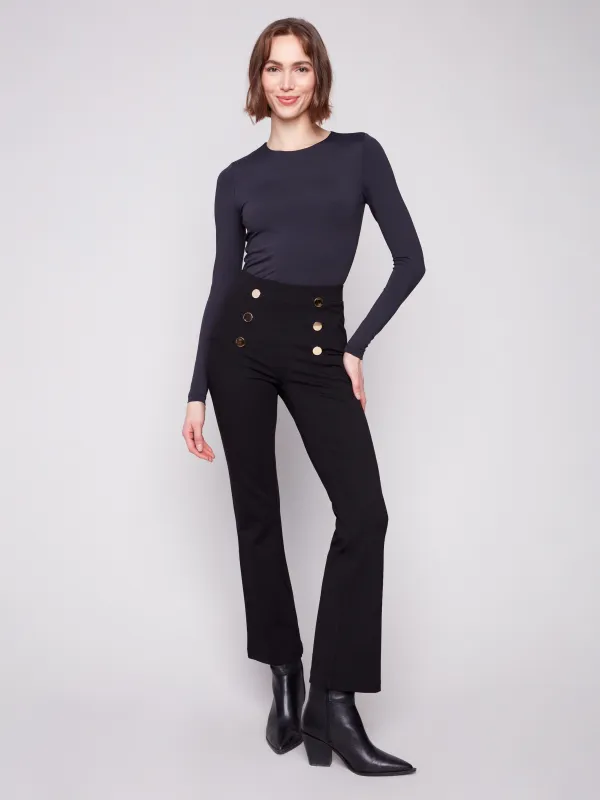 Flare Ponte Pull-On Pants With Front Buttons - Black sold by Charlie B