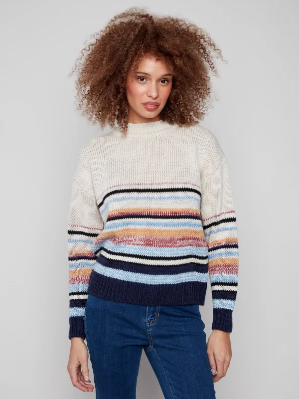 Crew Neck Sweater With Multicolor Stripes - Heather Oat sold by Charlie B