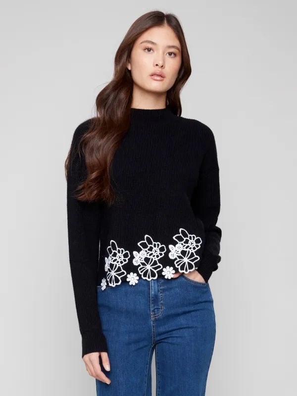 Mock Neck Sweater With Floral Lace Hem - Black sold by Charlie B