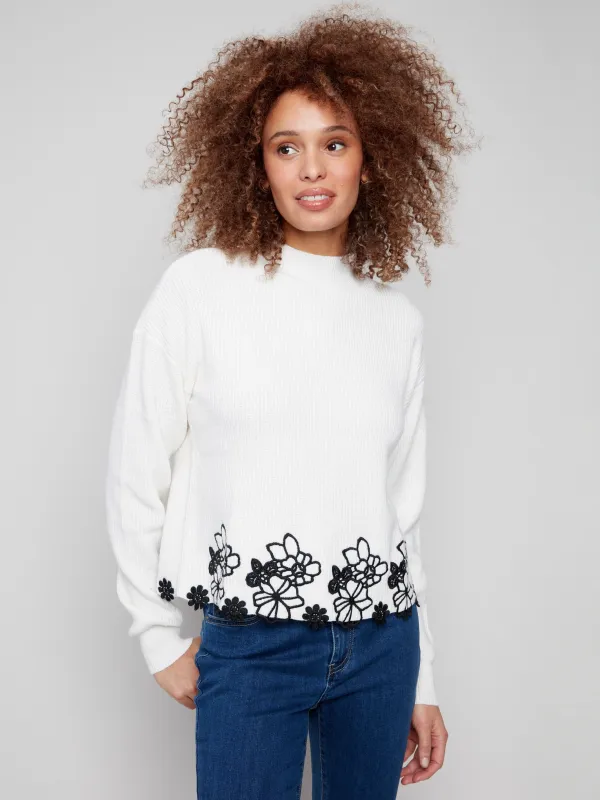 Mock Neck Sweater With Floral Lace Hem - Ecru sold by Charlie B