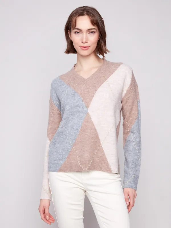 V-Neck Argyle Jacquard Sweater - Heather Sesame sold by Charlie B