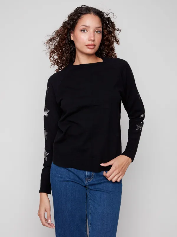 Crew Neck Sweater With Star Studs - Black sold by Charlie B