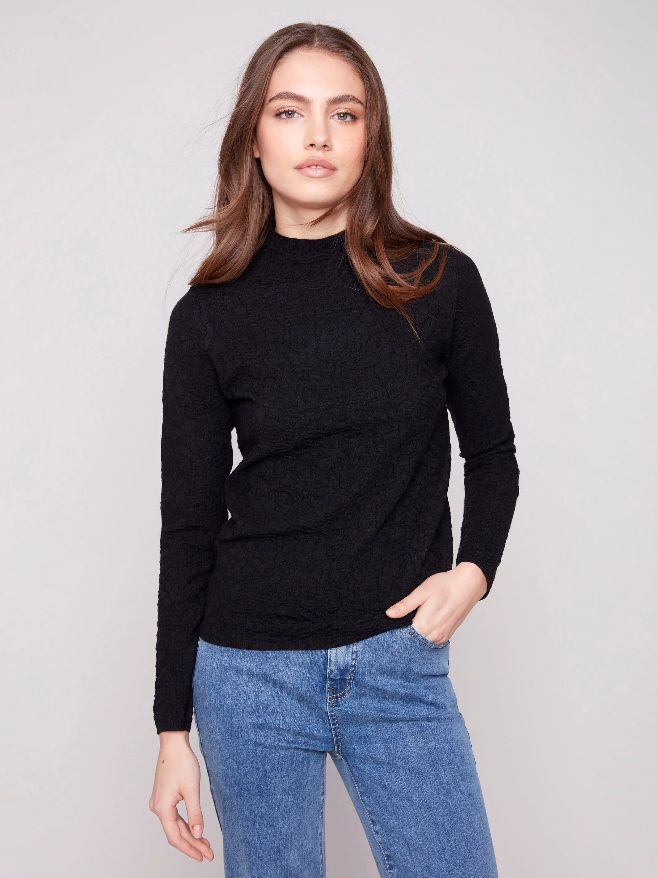 Textured Mock Neck Knit Sweater - Black sold by Charlie B