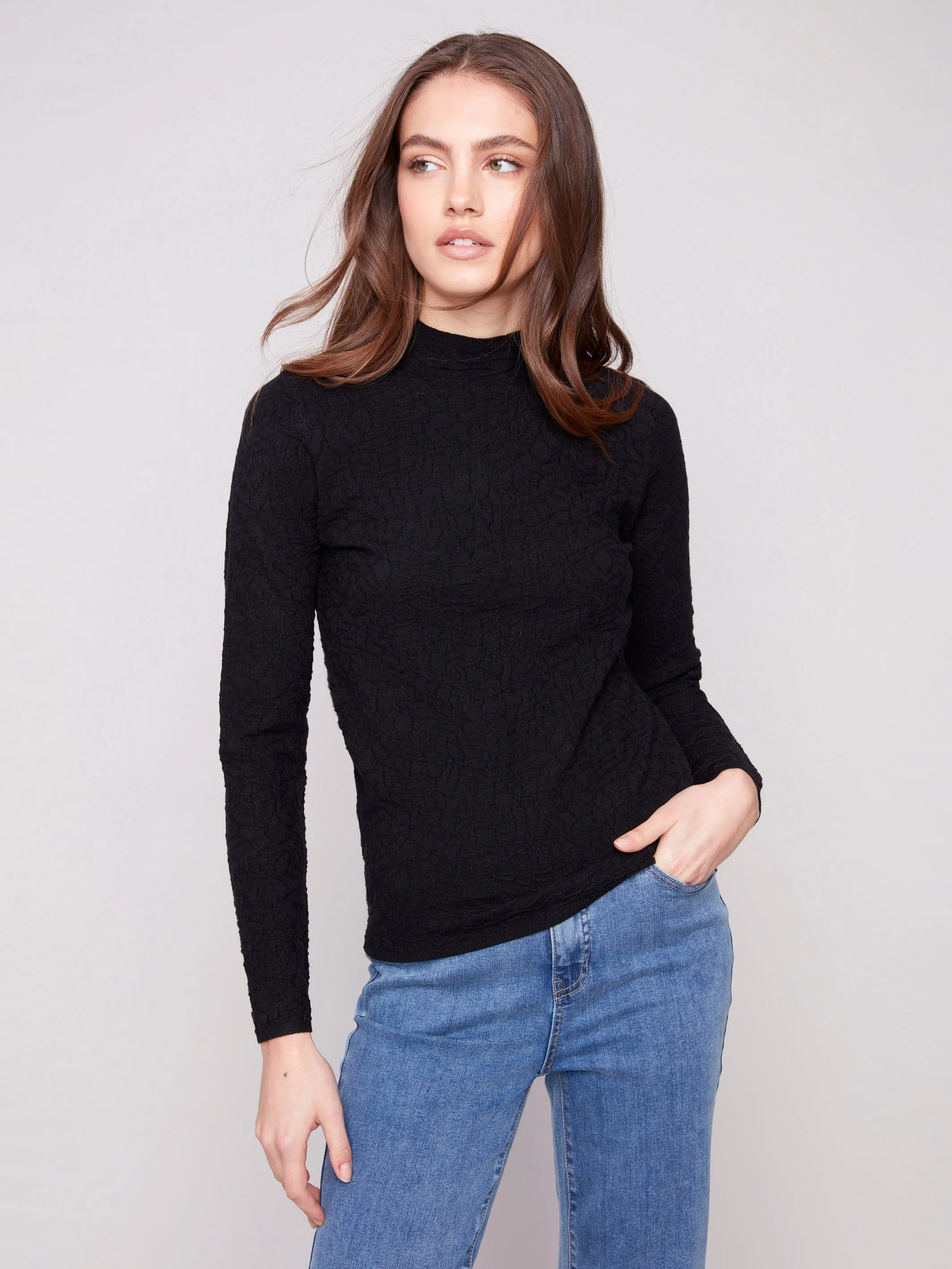 Textured Mock Neck Knit Sweater - Black sold by Charlie B product image thumbnail 2