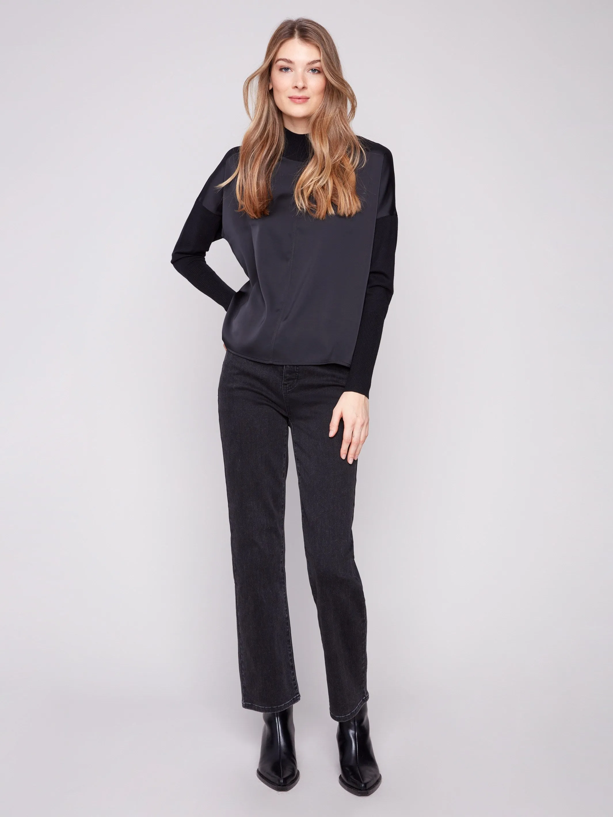 Satin Knit Top With Mock Neck - Black sold by Charlie B product image thumbnail 2