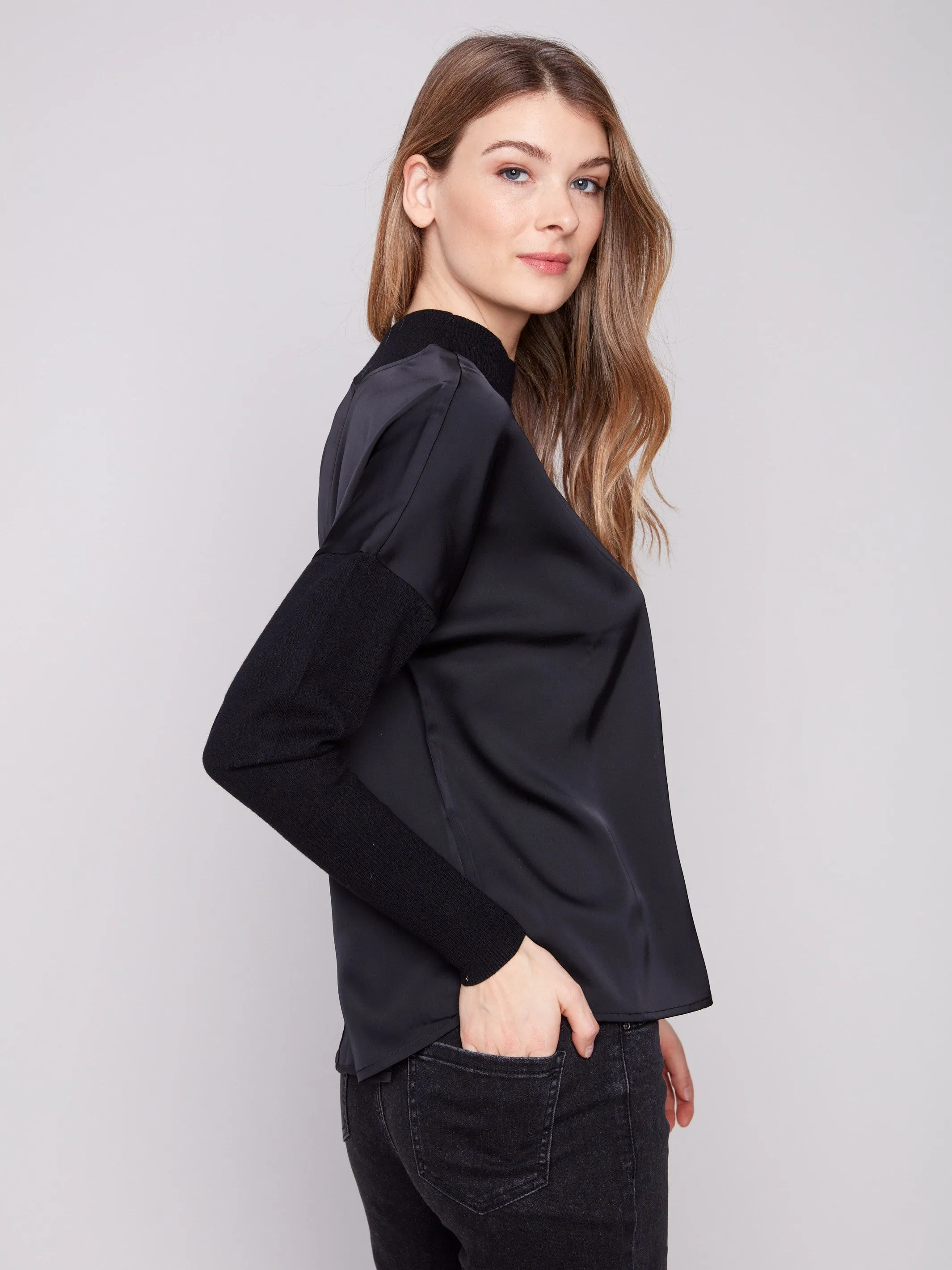 Satin Knit Top With Mock Neck - Black sold by Charlie B product image thumbnail 3