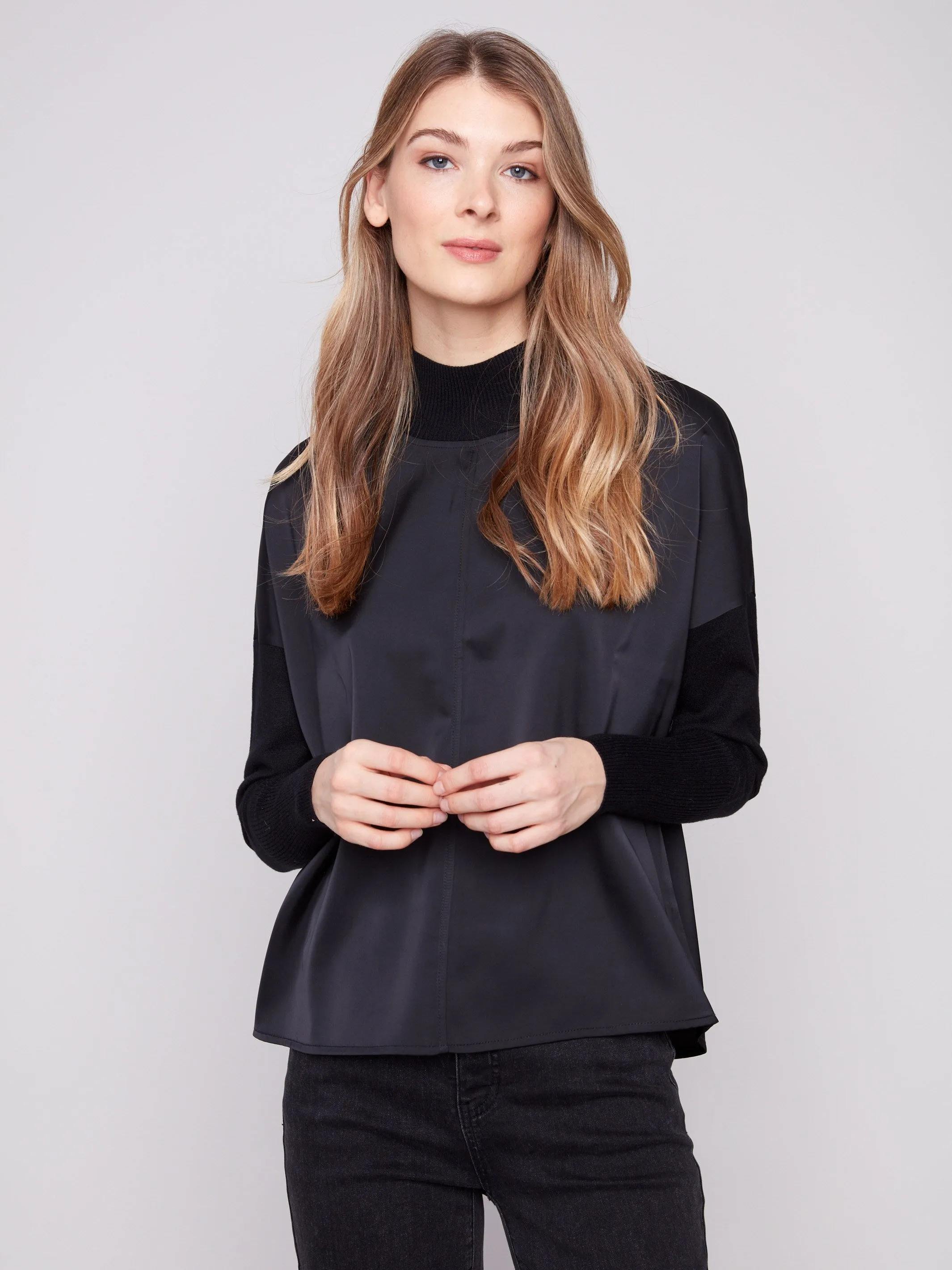 Satin Knit Top With Mock Neck - Black sold by Charlie B product image thumbnail 4