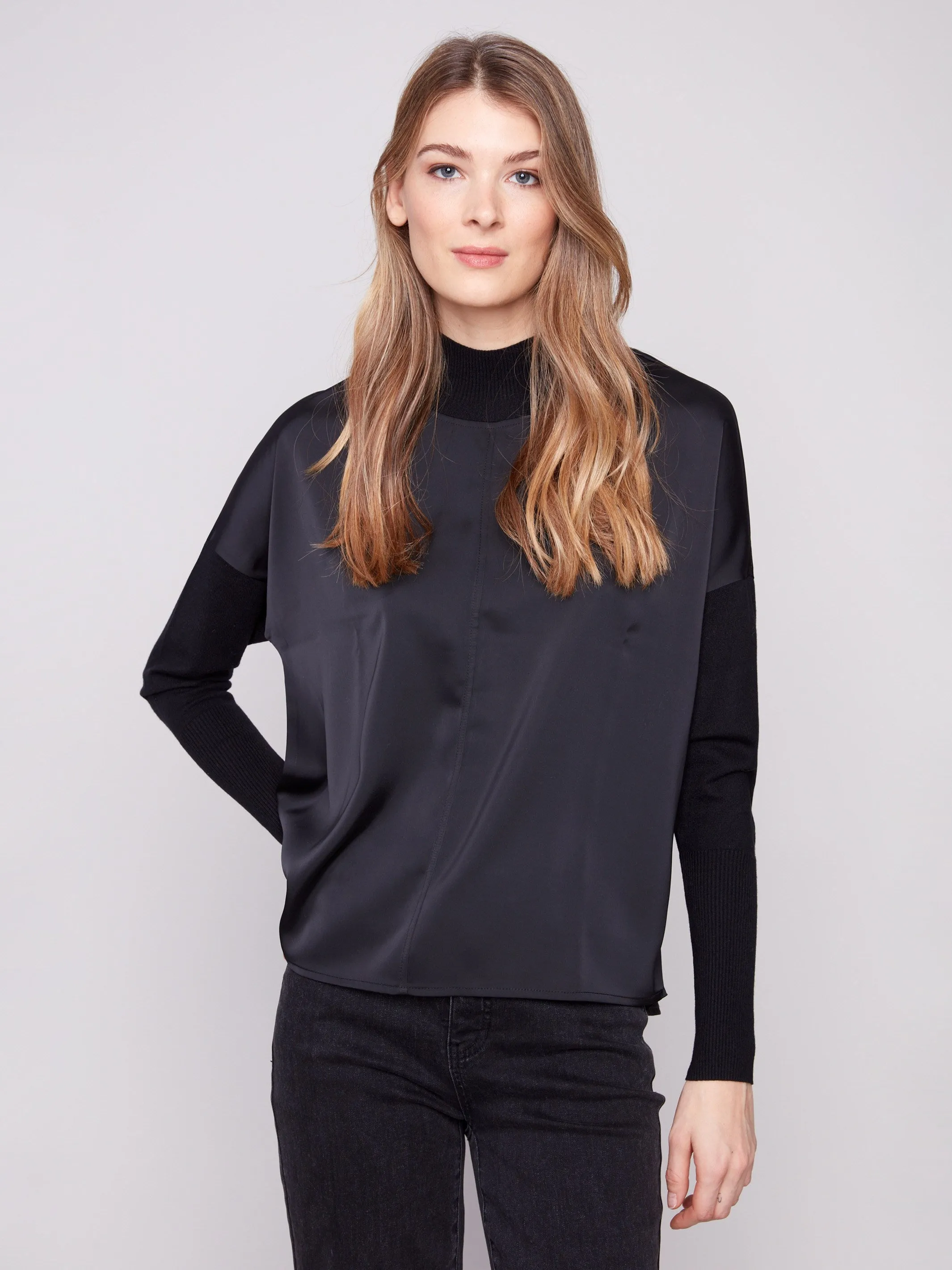 Satin Knit Top With Mock Neck - Black sold by Charlie B