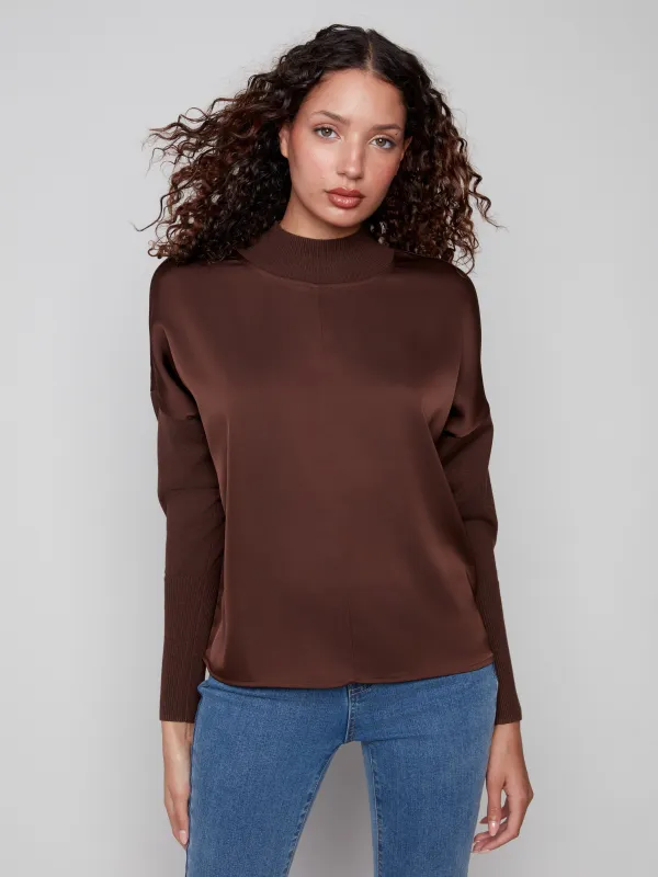 Satin Knit Top With Mock Neck - Mocha sold by Charlie B