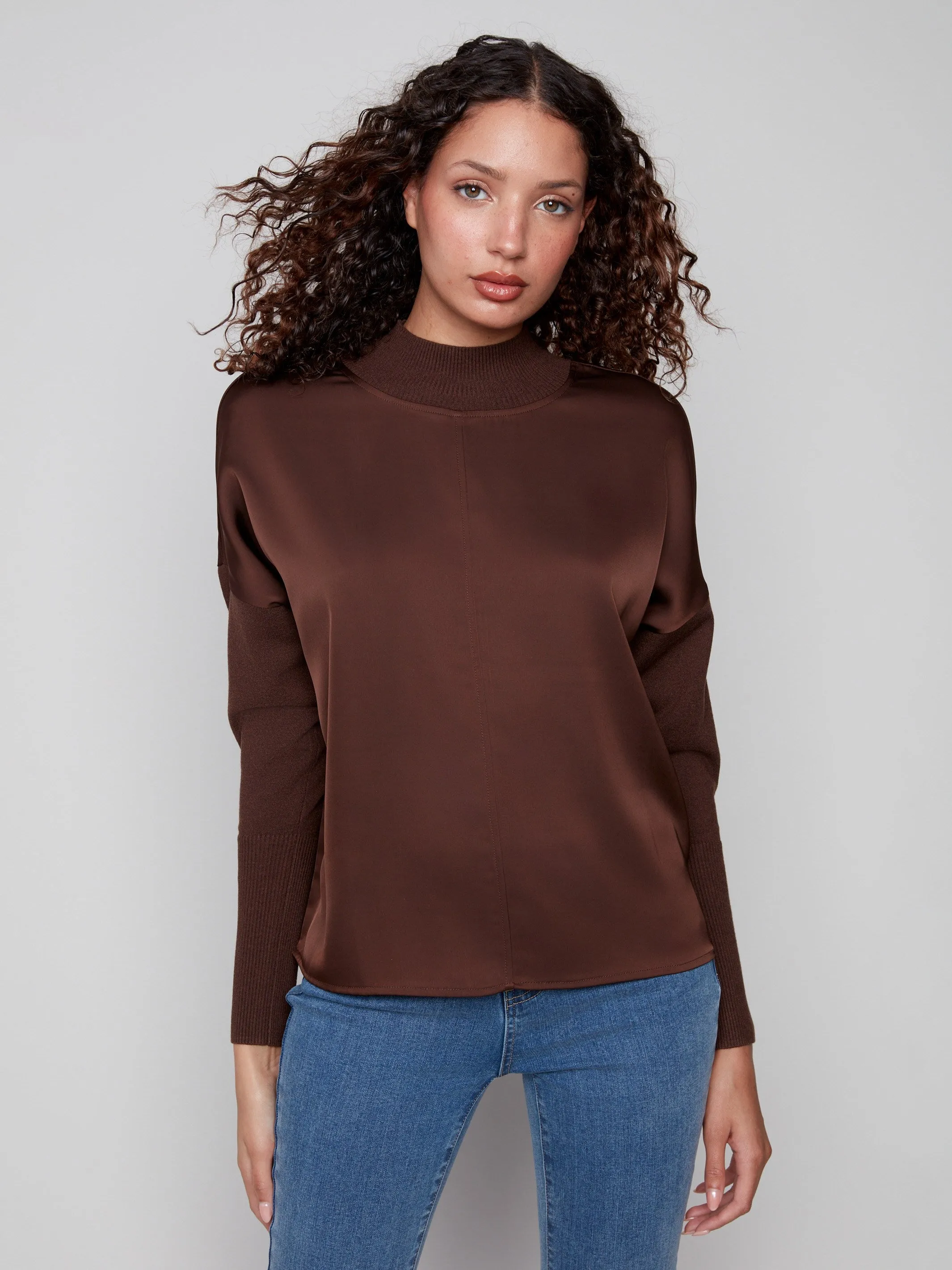 Satin Knit Top With Mock Neck - Mocha sold by Charlie B