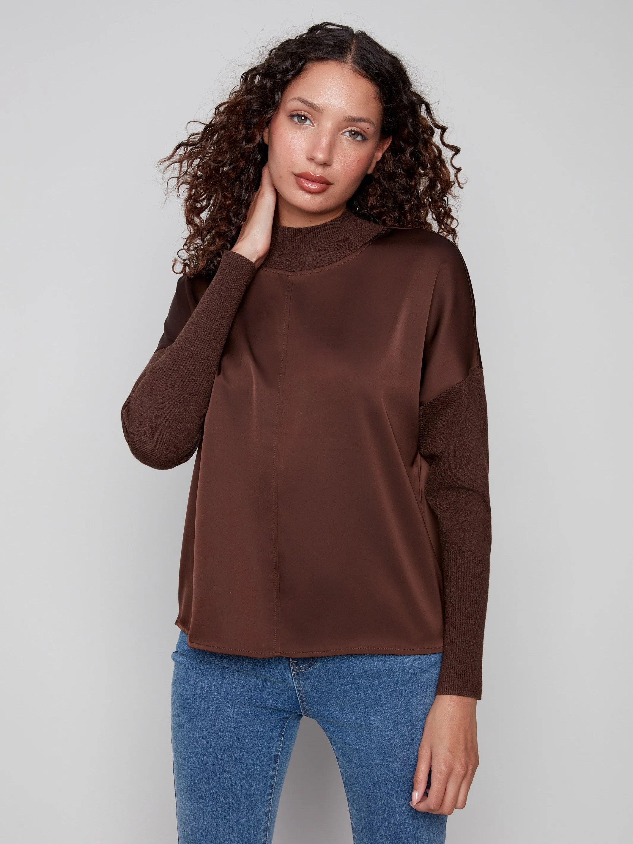 Satin Knit Top With Mock Neck - Mocha sold by Charlie B product image thumbnail 2