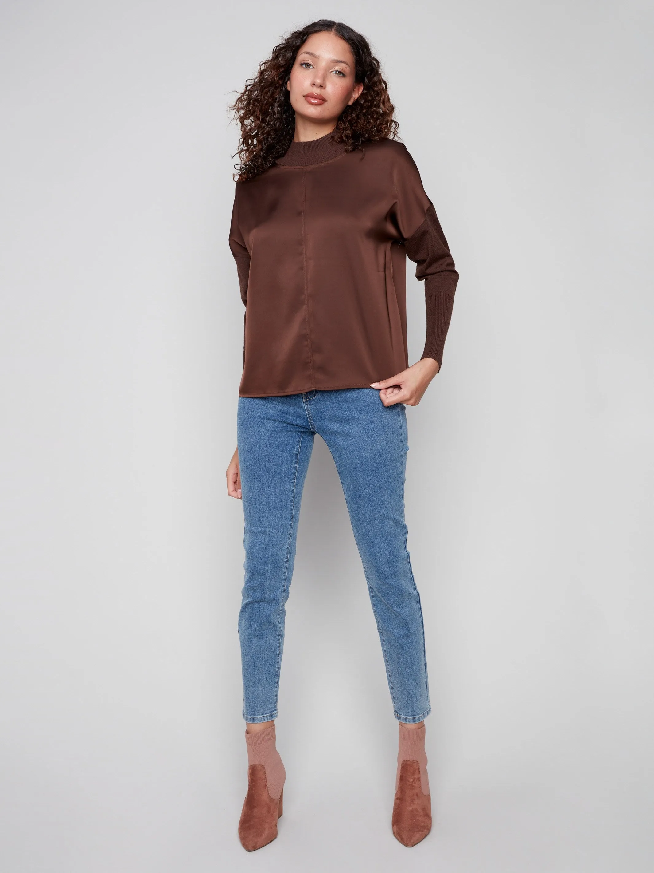 Satin Knit Top With Mock Neck - Mocha sold by Charlie B product image thumbnail 3