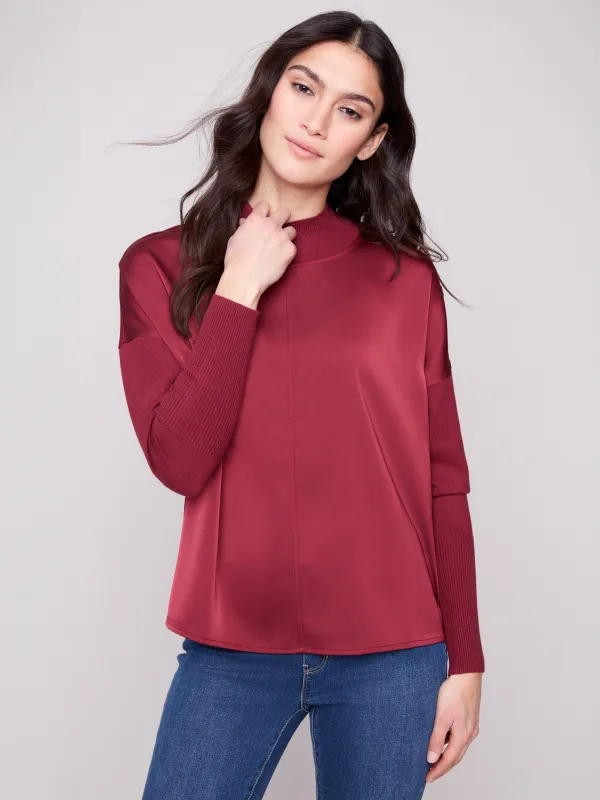 Satin Knit Top With Mock Neck - Cabernet sold by Charlie B