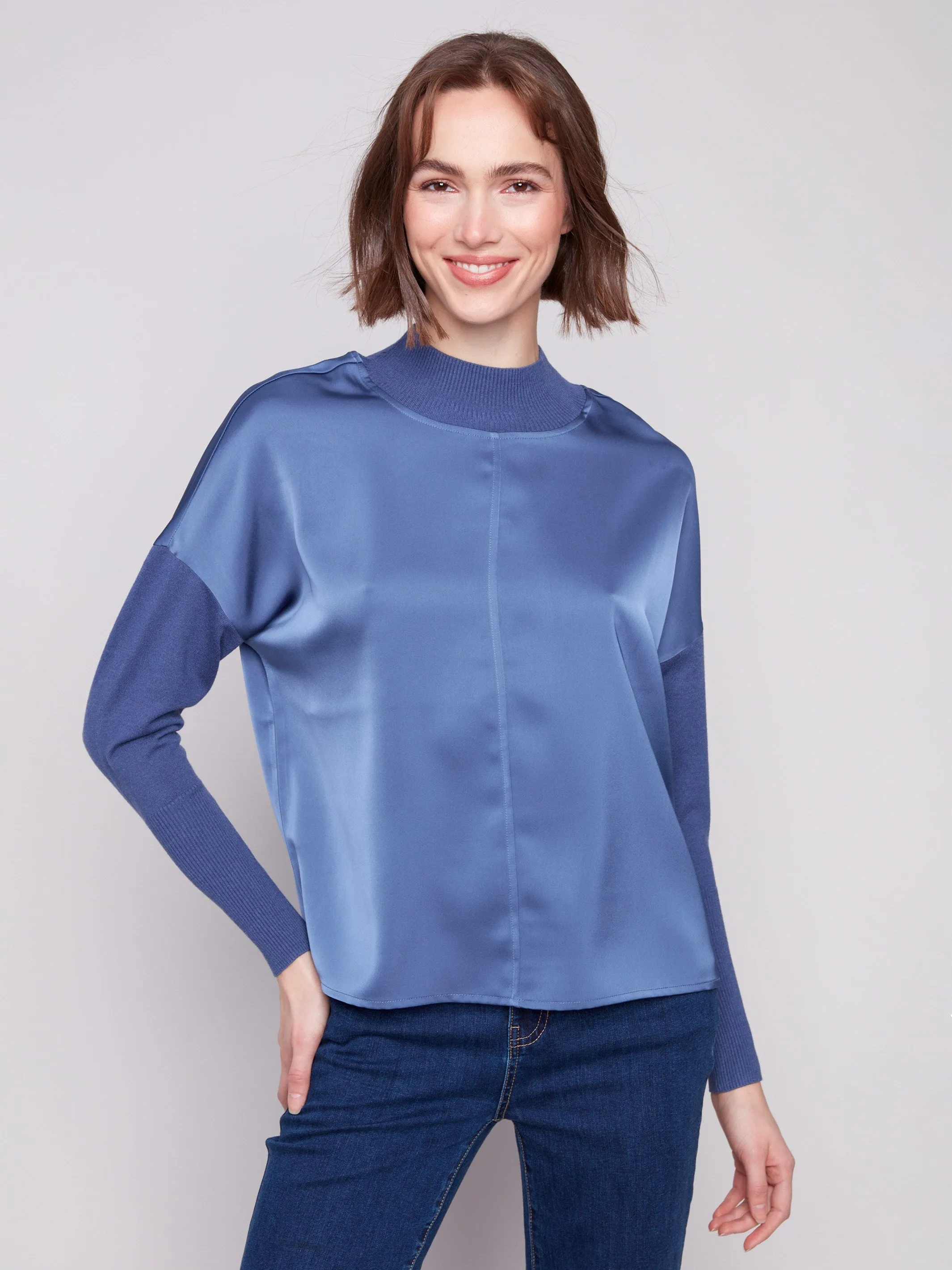 Satin Knit Top With Mock Neck - Moonlight sold by Charlie B