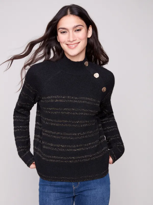 Metallic Striped Mock Neck Sweater With Button Details - Black sold by Charlie B