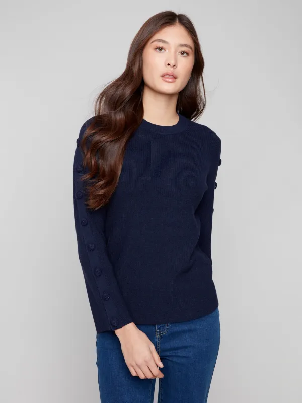 Ribbed Crew Neck Sweater With Buttons Details - Navy sold by Charlie B