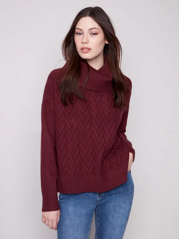 Cowl Neck Chevron Knit Sweater With Side Tie - Cabernet made by Charlie B