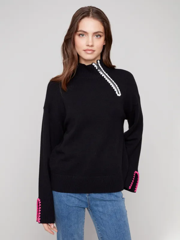 Mock Neck Sweater With Zipper & Crochet Details - Black sold by Charlie B