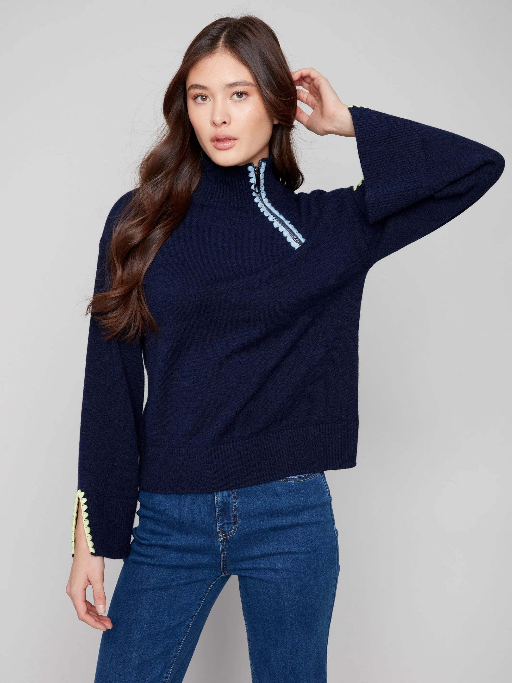 Mock Neck Sweater With Zipper & Crochet Details - Navy sold by Charlie B product image thumbnail 3