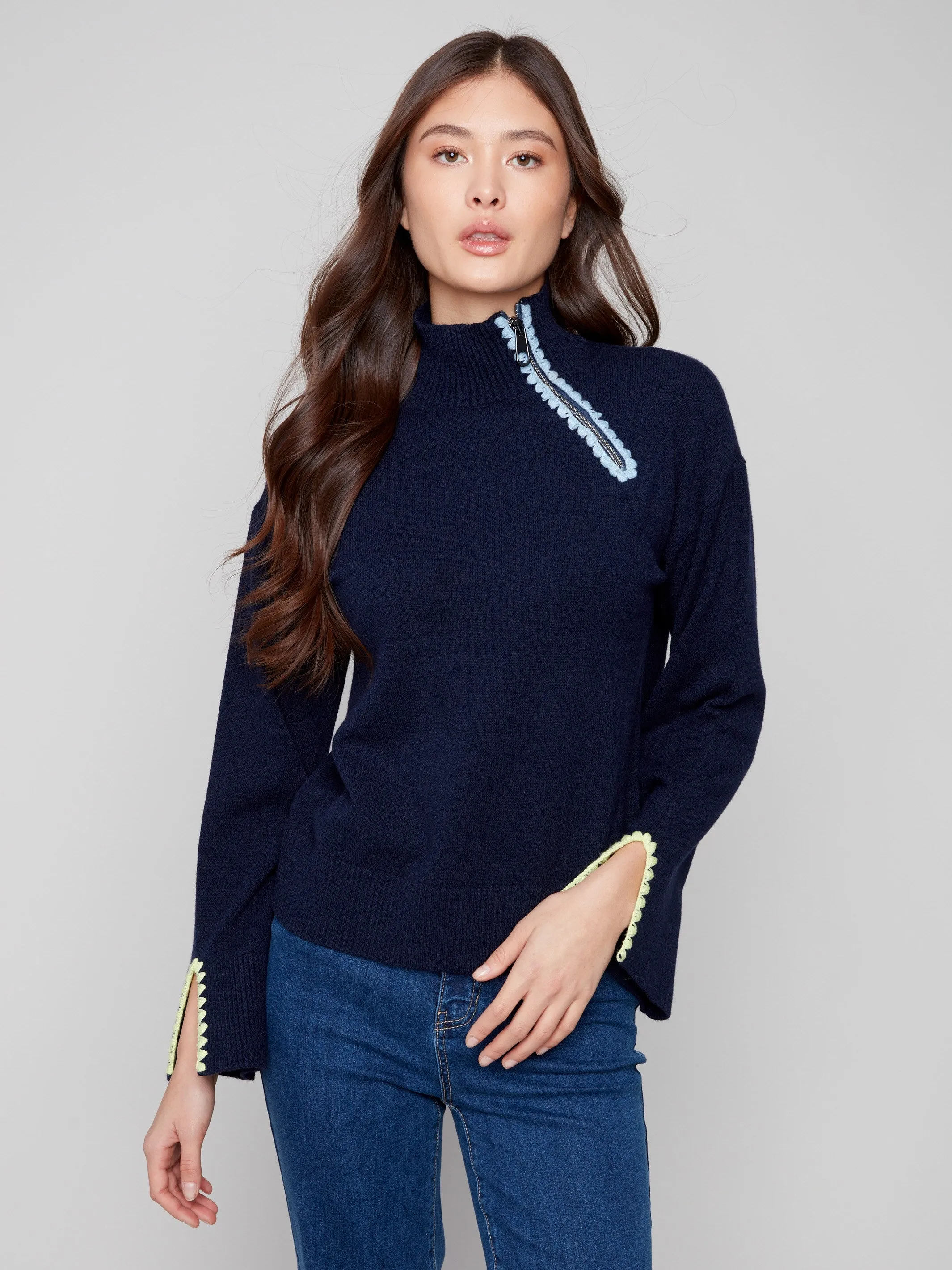 Mock Neck Sweater With Zipper & Crochet Details - Navy sold by Charlie B