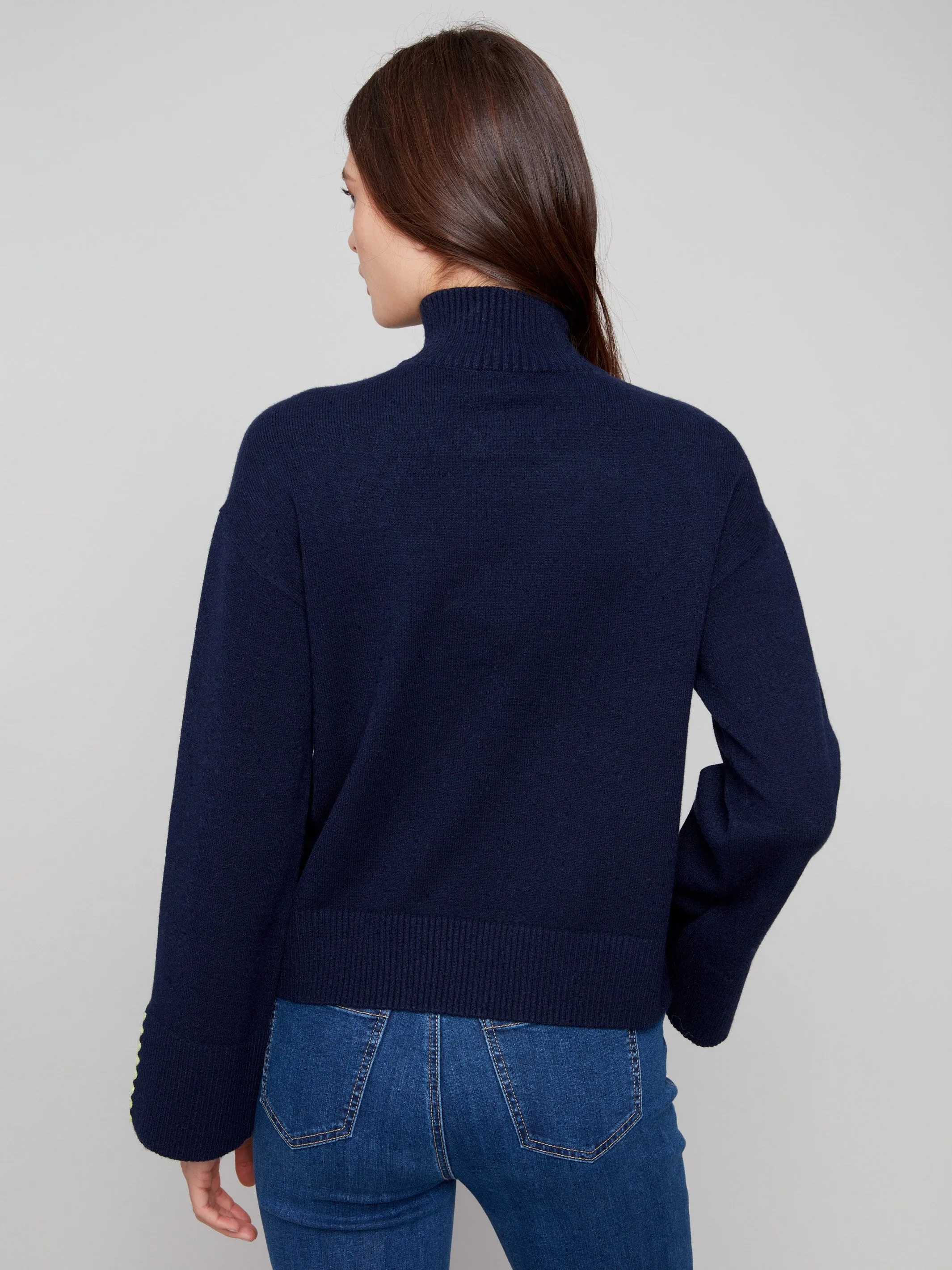 Mock Neck Sweater With Zipper & Crochet Details - Navy sold by Charlie B product image thumbnail 5