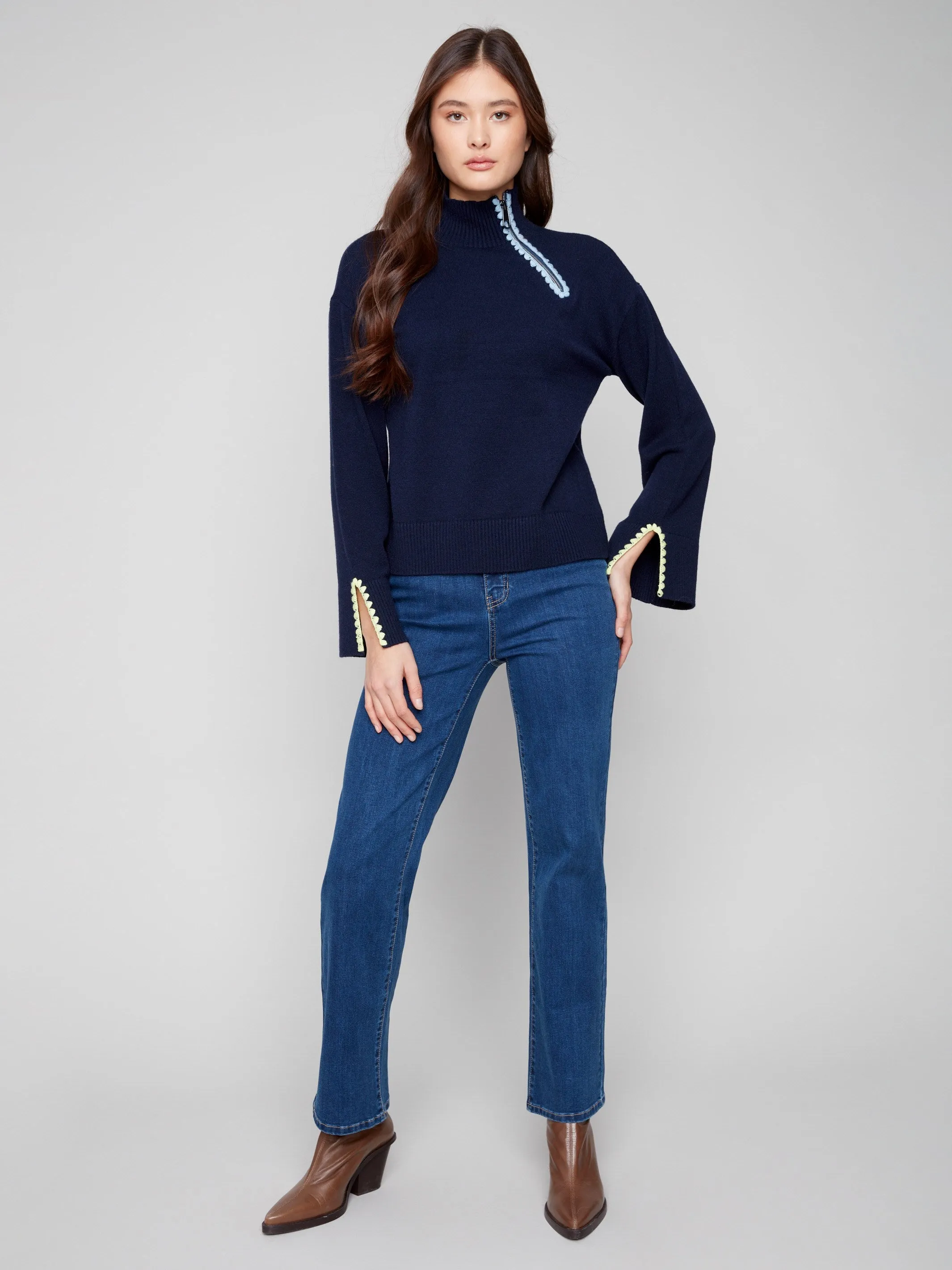 Mock Neck Sweater With Zipper & Crochet Details - Navy sold by Charlie B product image thumbnail 2