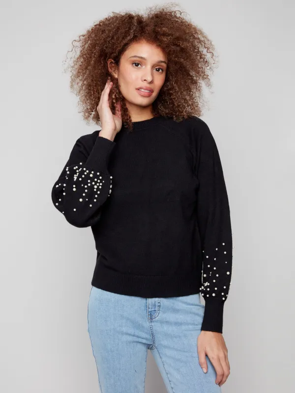 Crew Neck Sweater With Pearl Details - Black sold by Charlie B