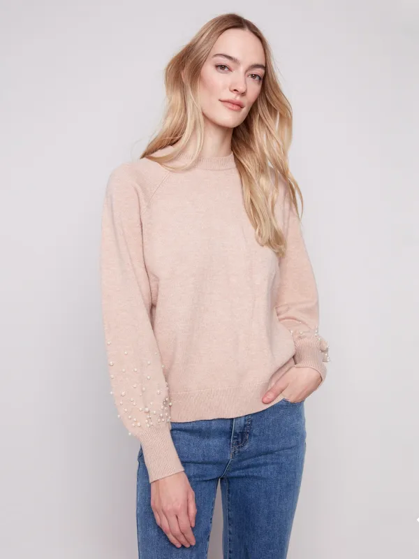 Crew Neck Sweater With Pearl Details - Heather Camel sold by Charlie B