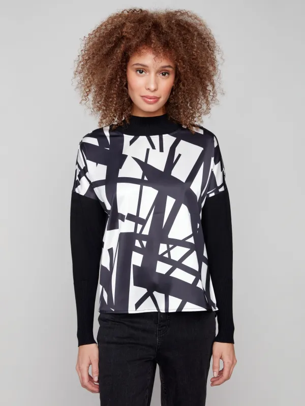 Printed Satin Knit Mock Neck Top - Black & Cream sold by Charlie B