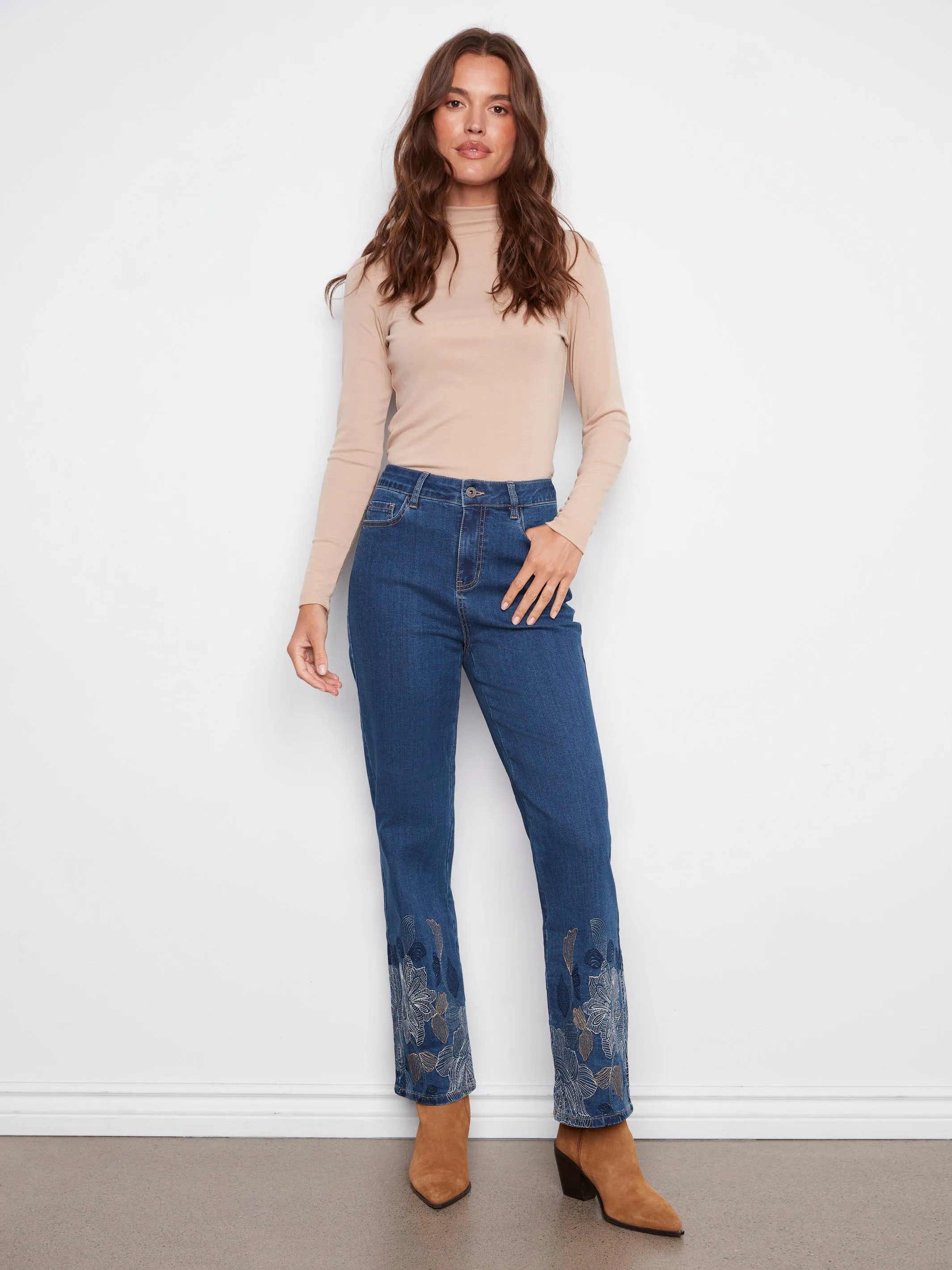 Straight Leg Metallic Embroidered Jeans - Indigo sold by Charlie B
