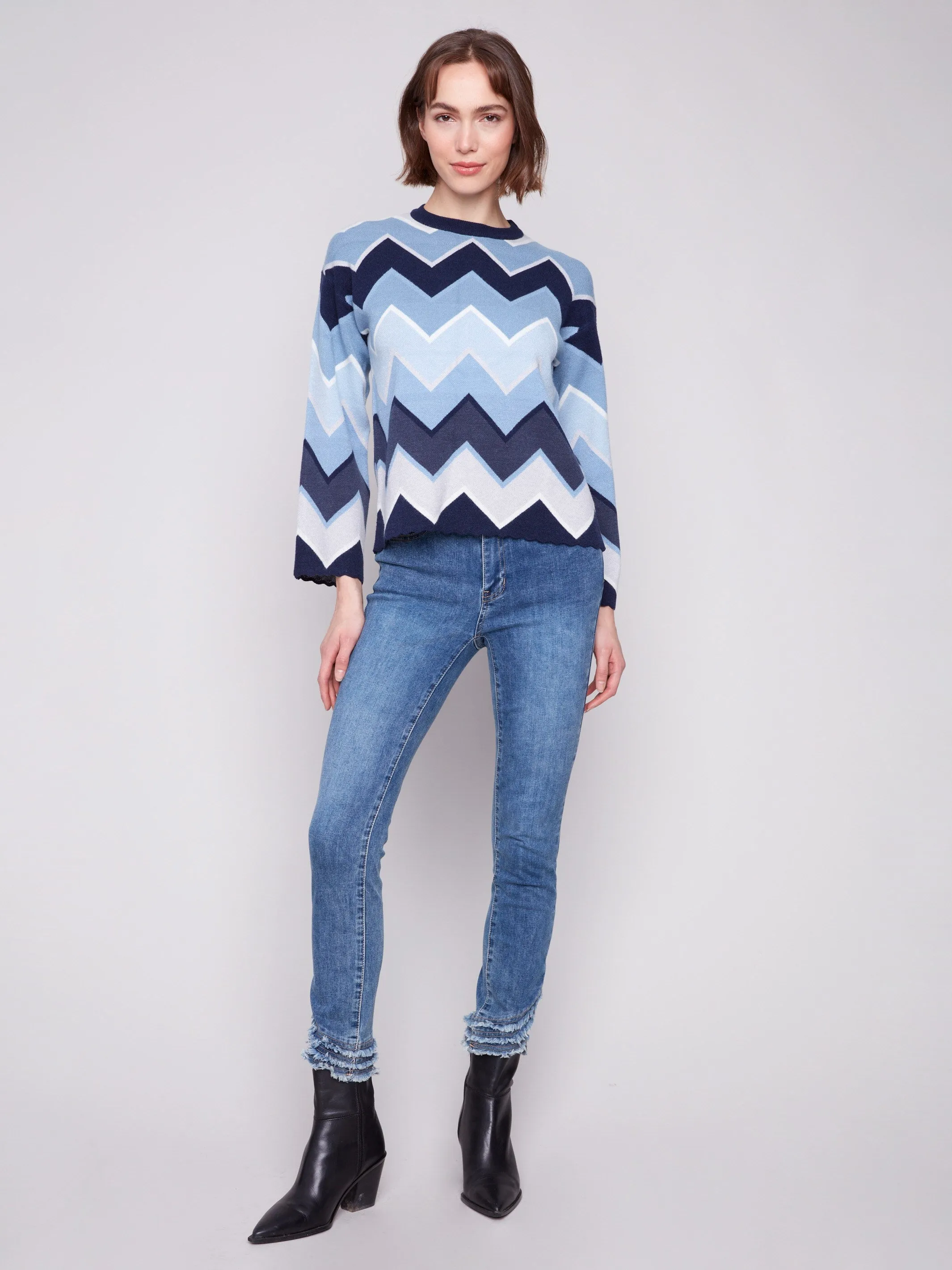 Jacquard Chevron Bell Sleeve Sweater - Blue sold by Charlie B product image thumbnail 5