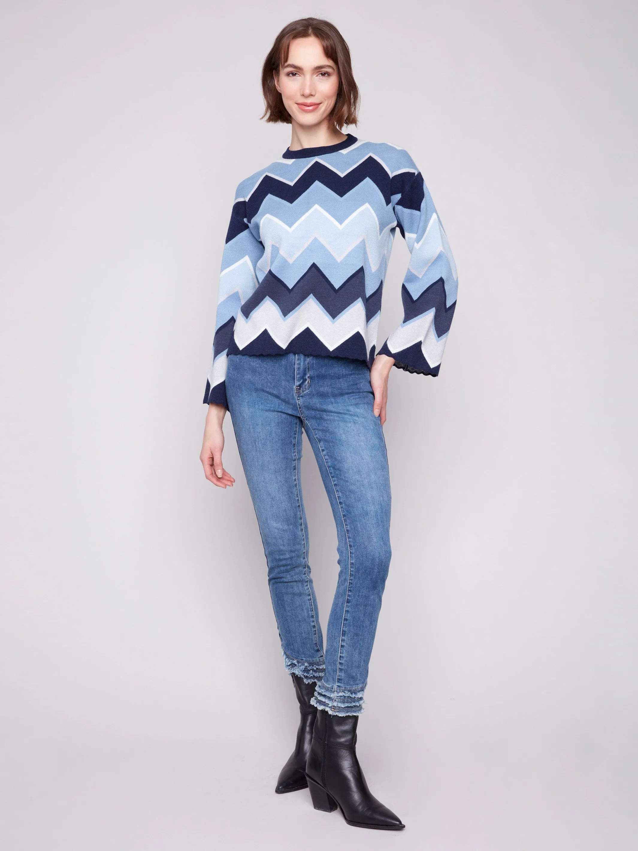 Jacquard Chevron Bell Sleeve Sweater - Blue sold by Charlie B product image thumbnail 2