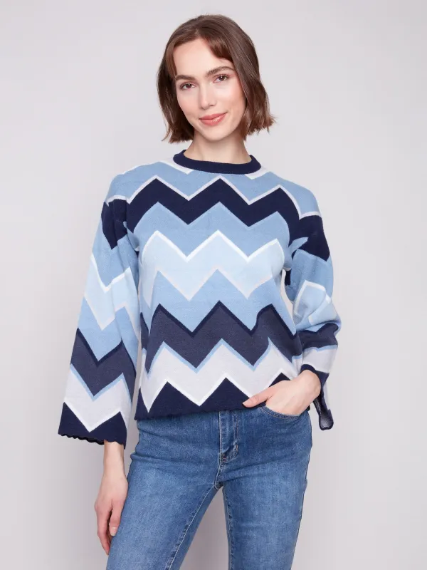 Jacquard Chevron Bell Sleeve Sweater - Blue sold by Charlie B