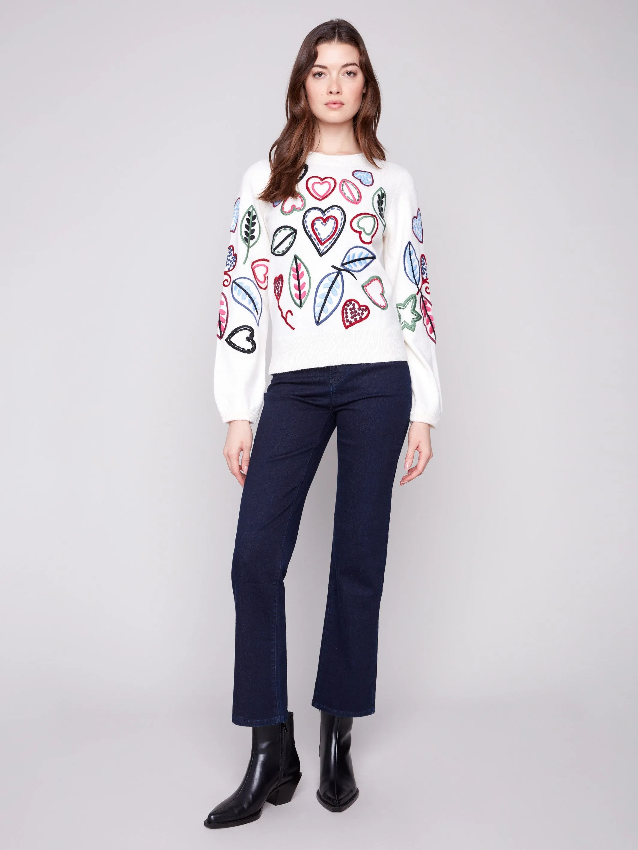 Embroidered Hearts & Leaves Sweater - Ecru sold by Charlie B product image thumbnail 3