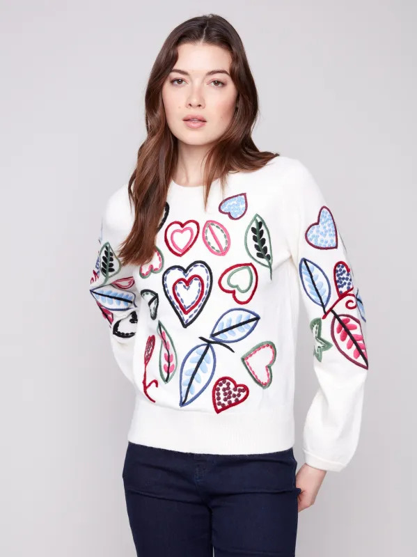 Embroidered Hearts & Leaves Sweater - Ecru sold by Charlie B
