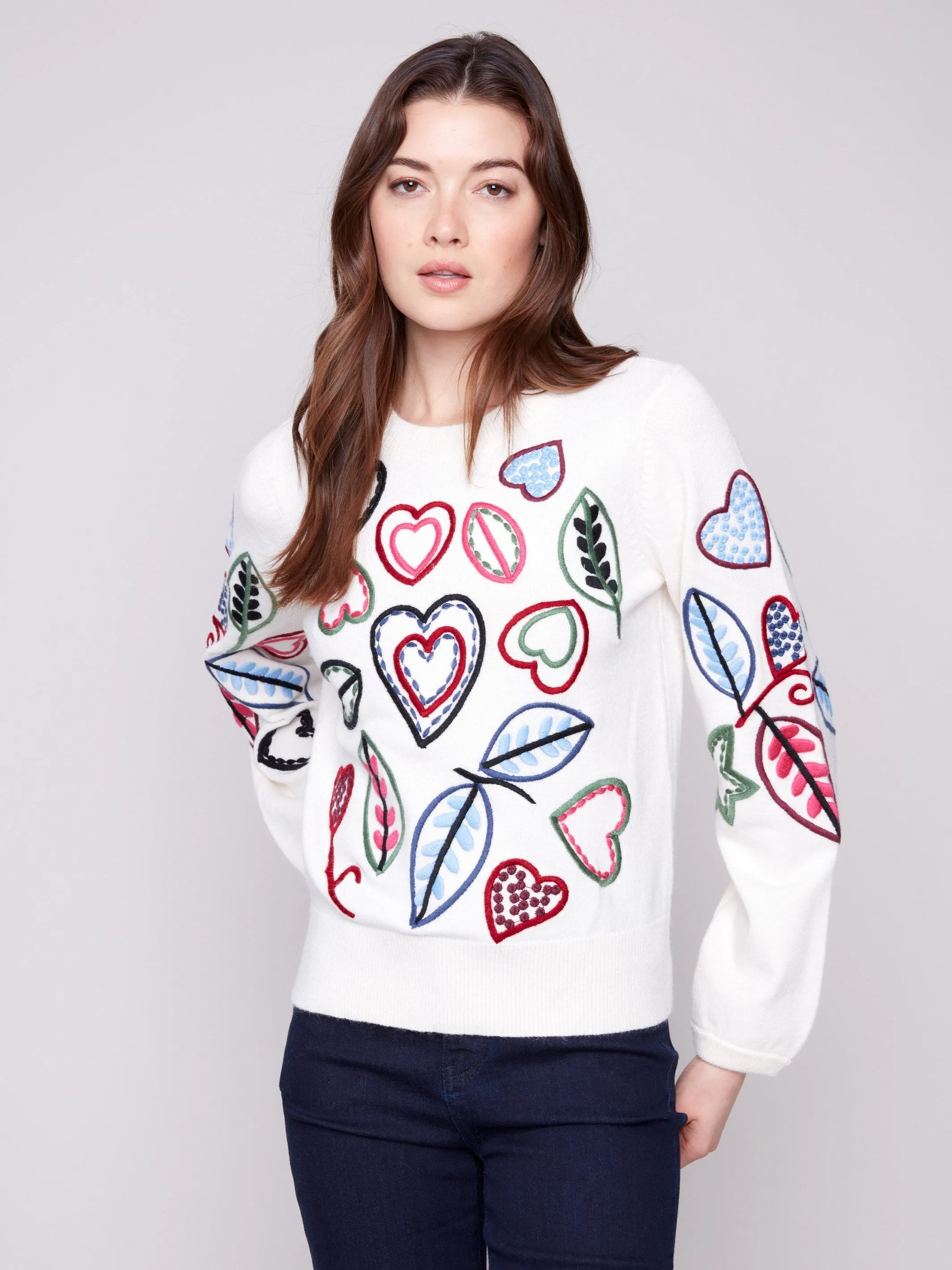 Embroidered Hearts & Leaves Sweater - Ecru sold by Charlie B
