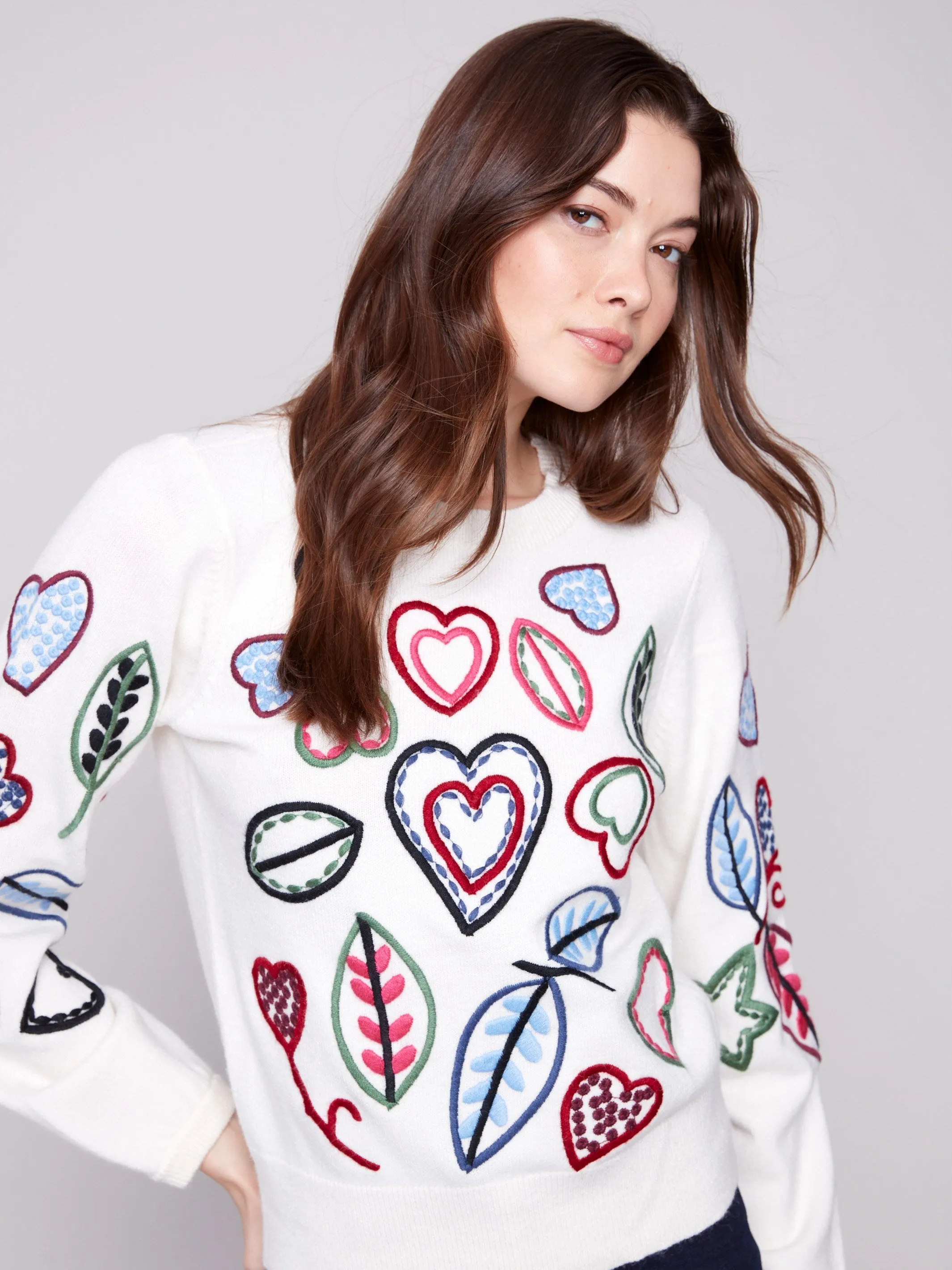 Embroidered Hearts & Leaves Sweater - Ecru sold by Charlie B product image thumbnail 2
