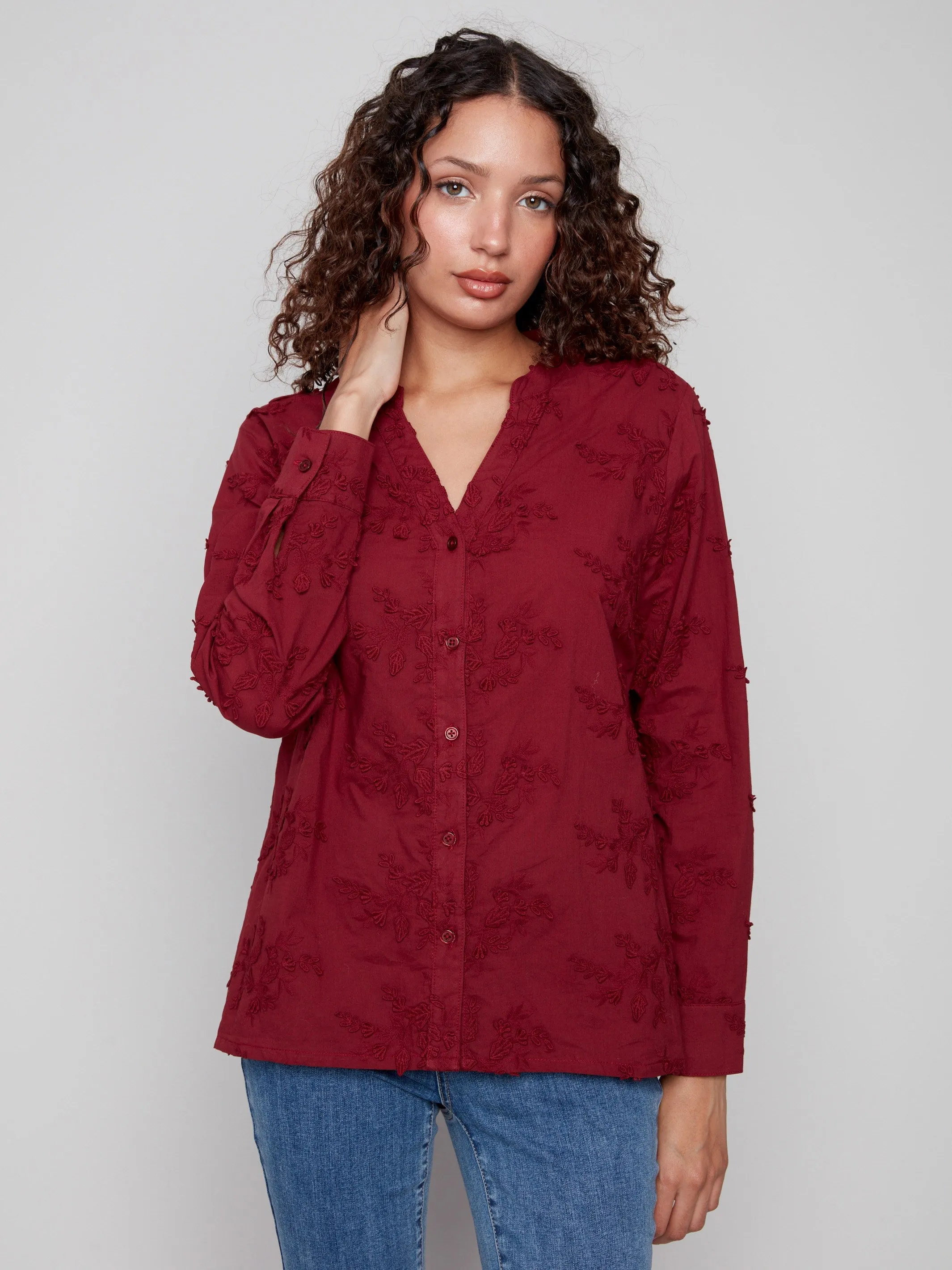Floral Appliqué Button-Up Blouse - Cabernet sold by Charlie B product image thumbnail 3