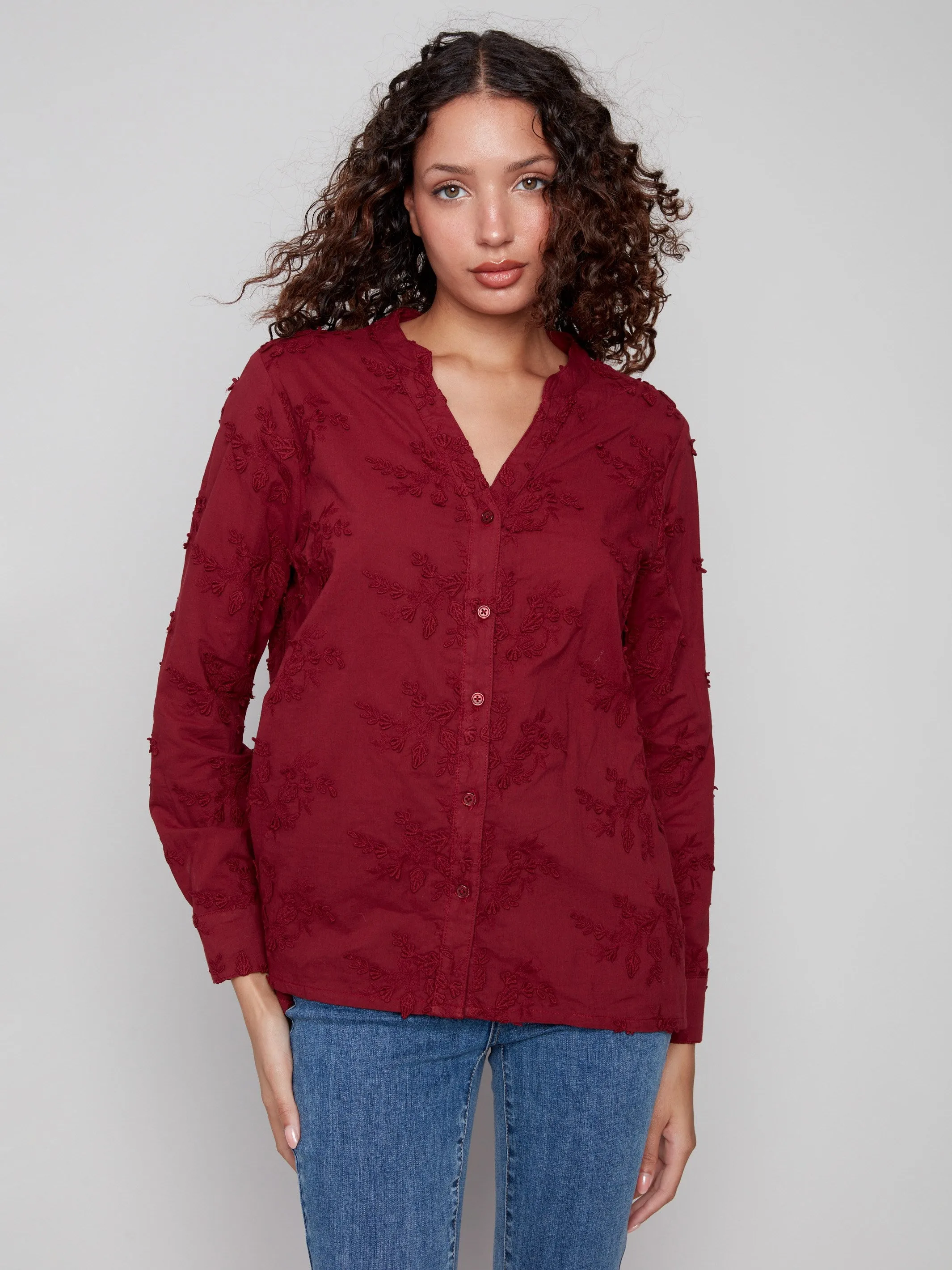Floral Appliqué Button-Up Blouse - Cabernet sold by Charlie B