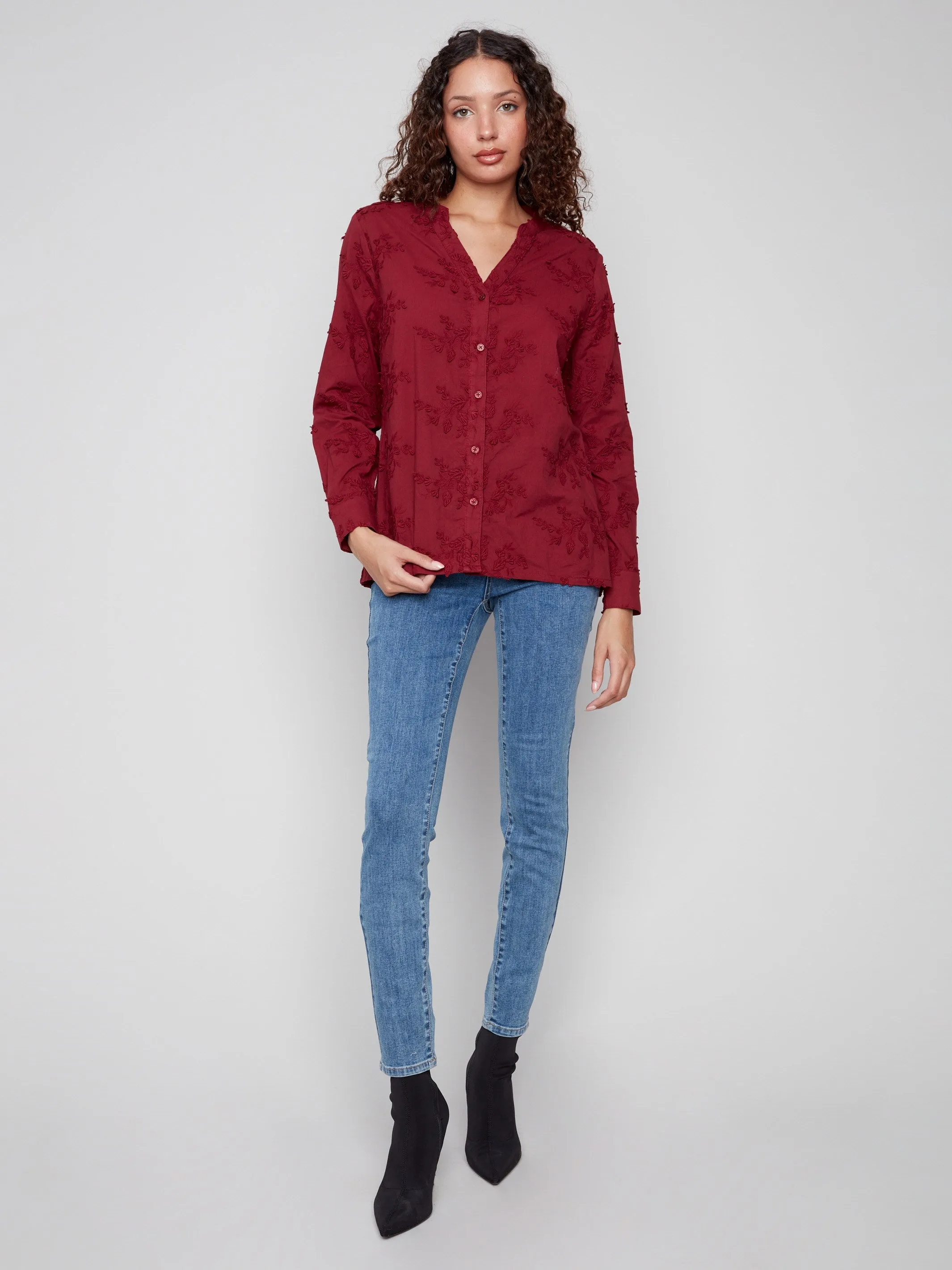 Floral Appliqué Button-Up Blouse - Cabernet sold by Charlie B product image thumbnail 2