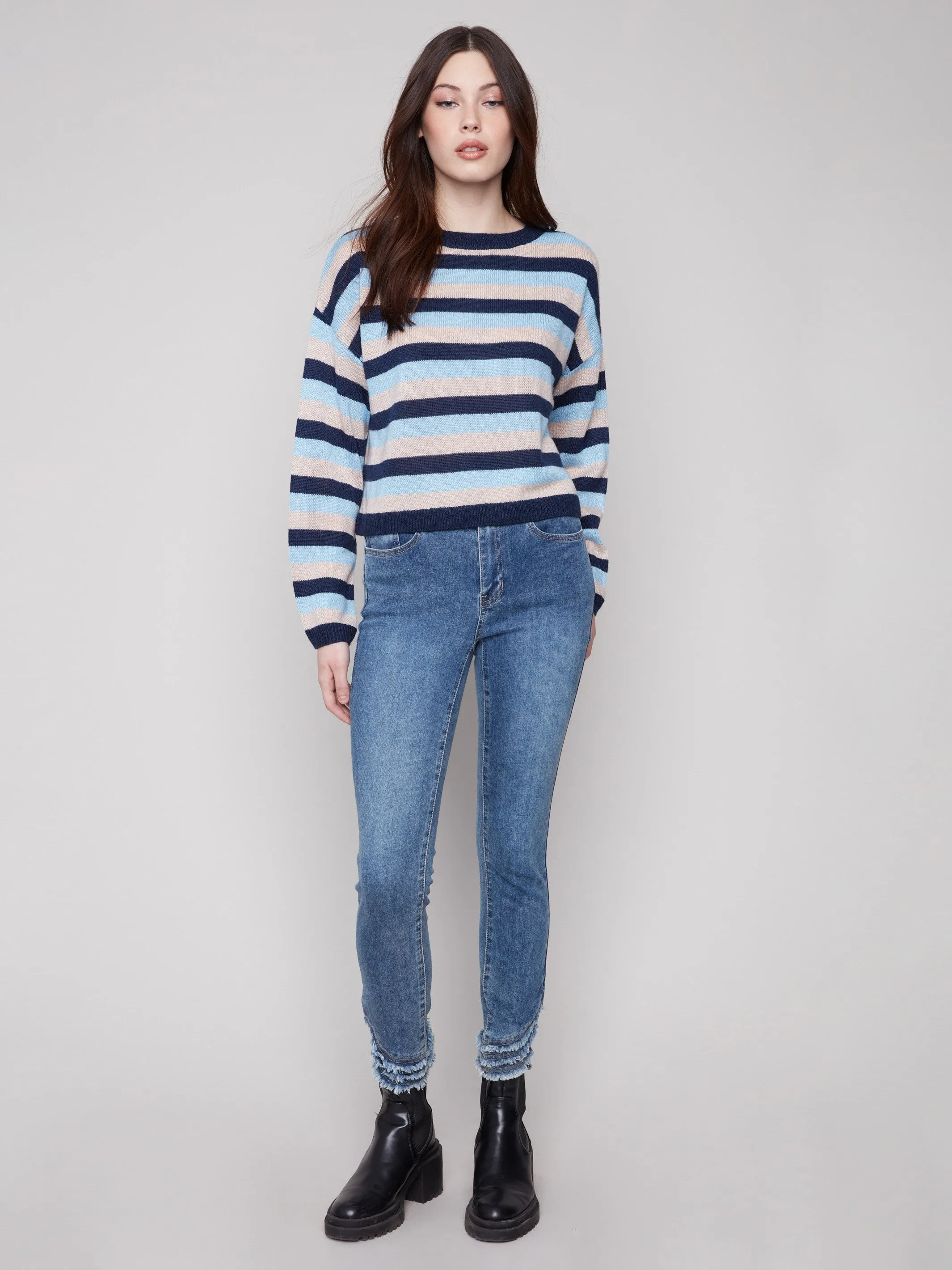 Yarn Dye Striped Crew Neck Sweater - Navy sold by Charlie B product image thumbnail 2