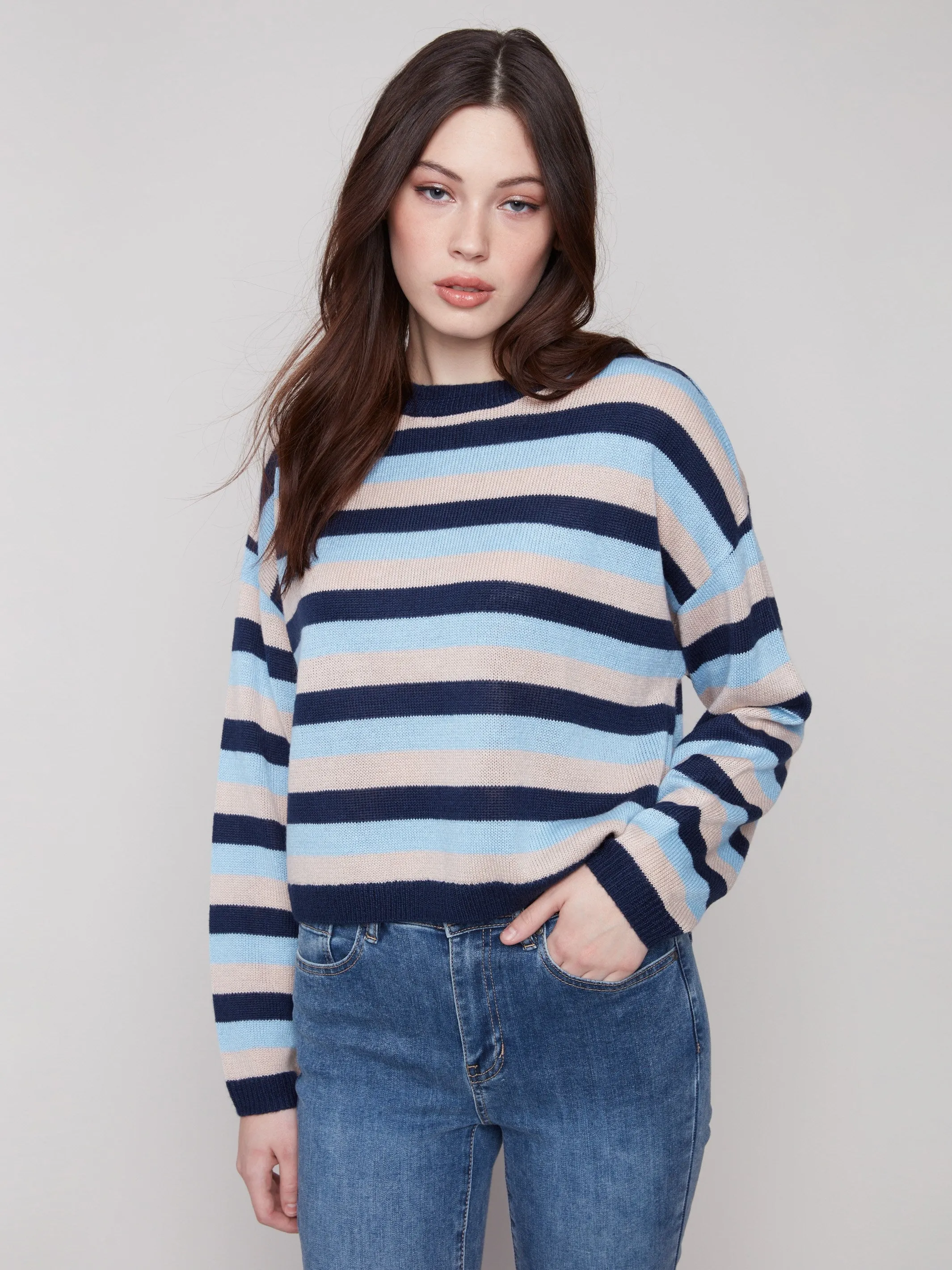 Yarn Dye Striped Crew Neck Sweater - Navy sold by Charlie B