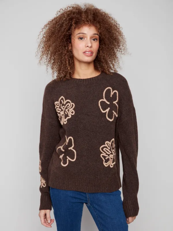Floral Embroidered Crew Neck Sweater - Heather Brown sold by Charlie B